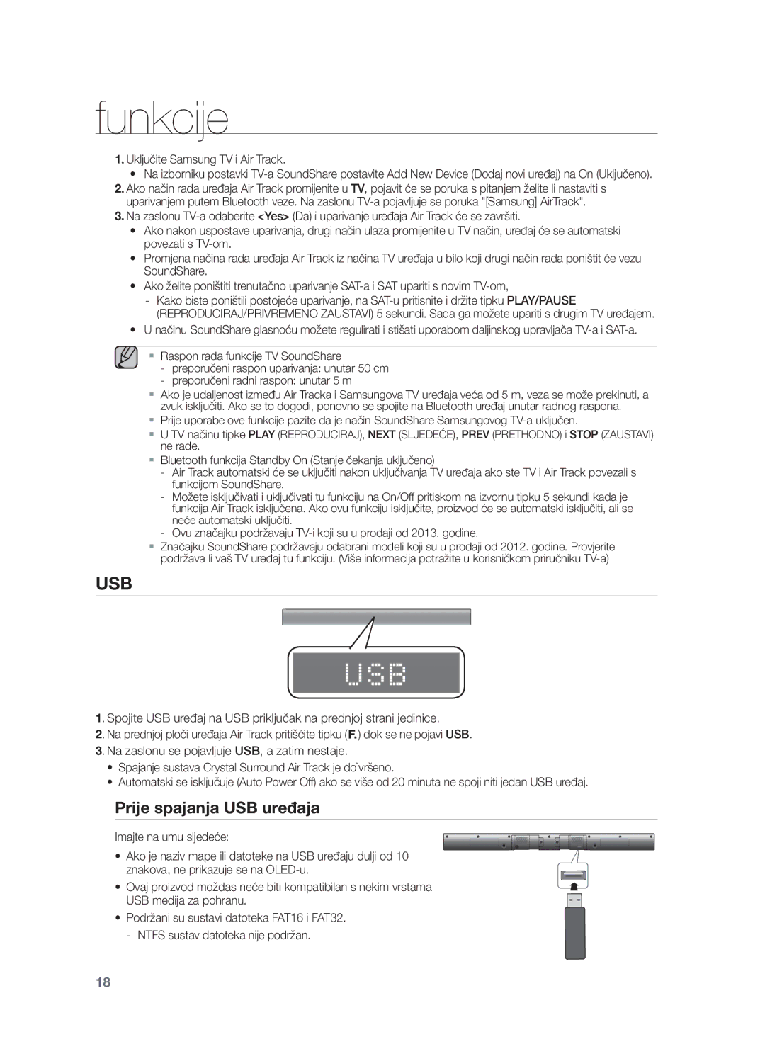 Samsung HW-F550/ZF, HW-F551/XN, HW-F551/EN, HW-F550/EN manual Prije spajanja USB uređaja, Uključite Samsung TV i Air Track 