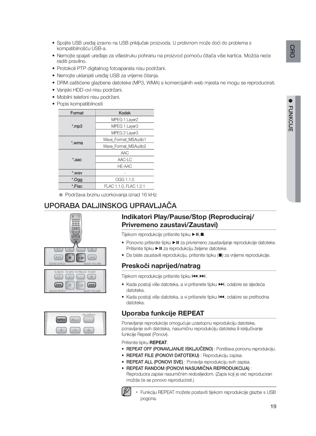 Samsung HW-F551/XN, HW-F551/EN, HW-F550/EN Uporaba Daljinskog Upravljača, Preskoči naprijed/natrag, Uporaba funkcije Repeat 