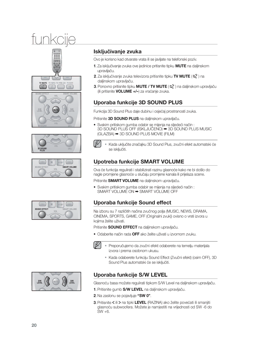 Samsung HW-F551/EN manual Uporaba funkcije 3D Sound Plus, Upotreba funkcije Smart Volume, Uporaba funkcije Sound effect 