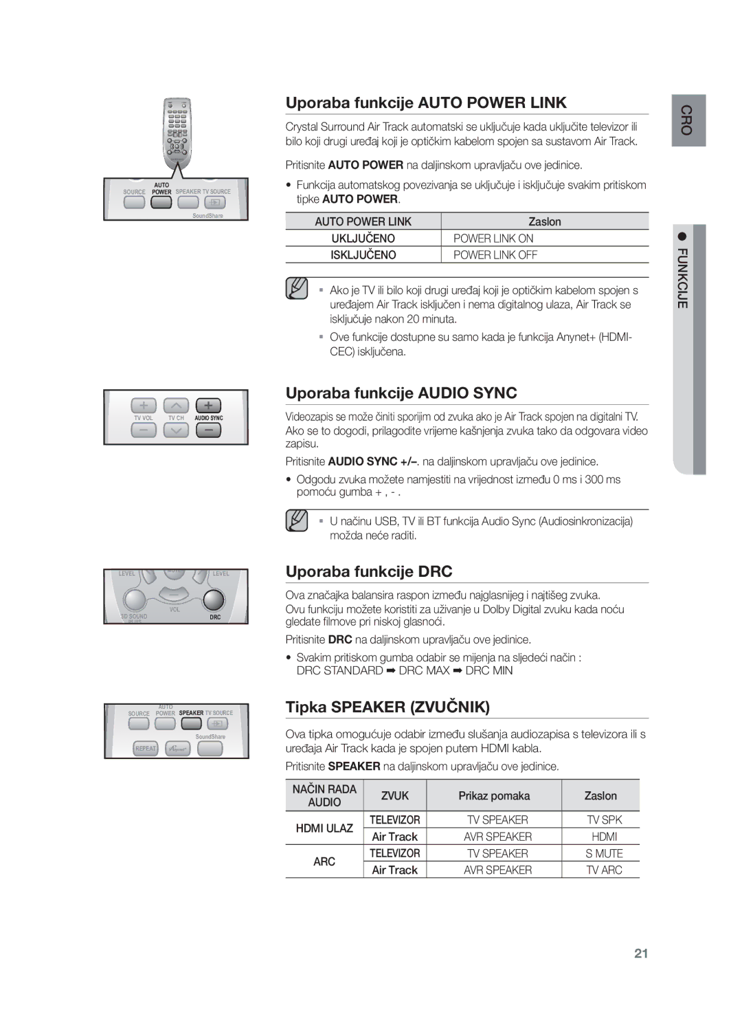 Samsung HW-F550/EN, HW-F551/XN Uporaba funkcije Auto Power Link, Uporaba funkcije Audio Sync, Uporaba funkcije DRC, Zvuk 