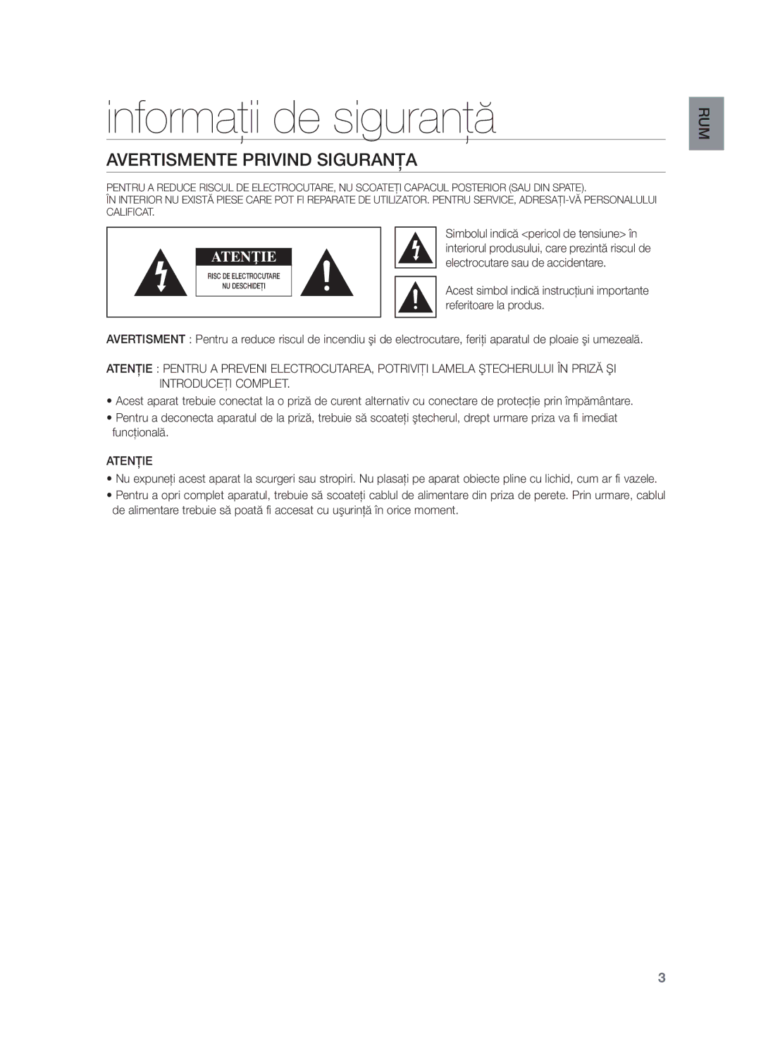 Samsung HW-F551/XN Informaţii de siguranţă, Avertismente Privind Siguranţa, Electrocutare sau de accidentare, Atenţie 