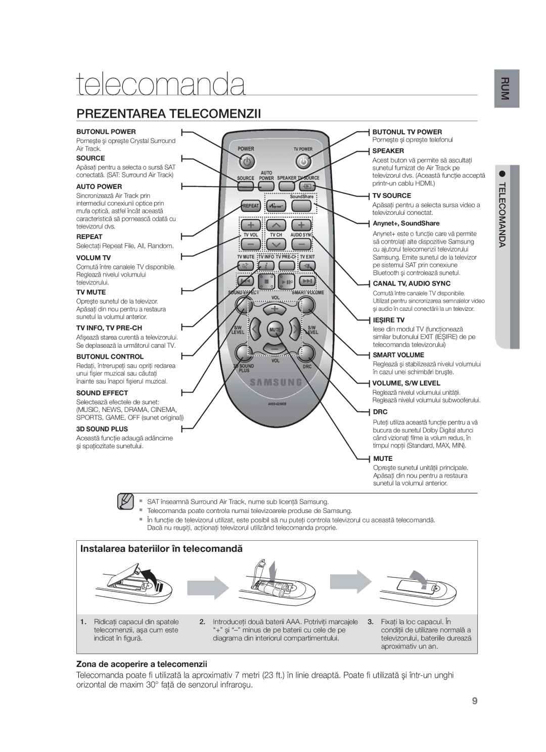 Samsung HW-F550/ZF, HW-F551/XN, HW-F551/EN manual Telecomanda, Prezentarea Telecomenzii, Zona de acoperire a telecomenzii 