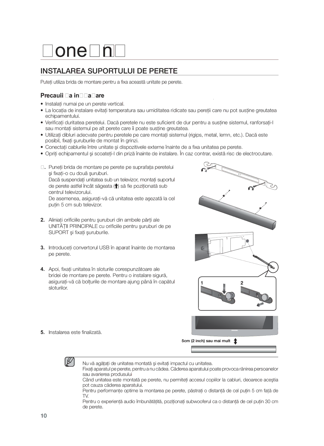 Samsung HW-F551/XN, HW-F551/EN, HW-F550/EN, HW-F551/TK, HW-F550/XN, HW-F551/ZF manual Conexiuni, Instalarea Suportului DE Perete 