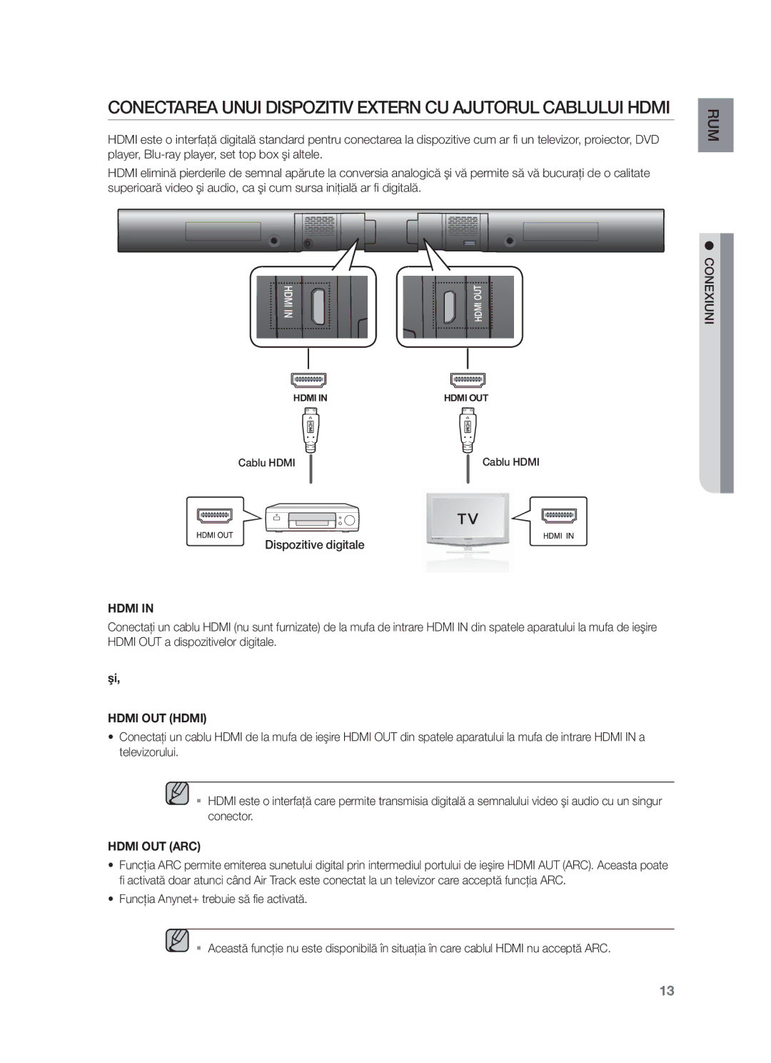 Samsung HW-F551/TK, HW-F551/XN manual Conectarea Unui Dispozitiv Extern CU Ajutorul Cablului Hdmi, Dispozitive digitale 