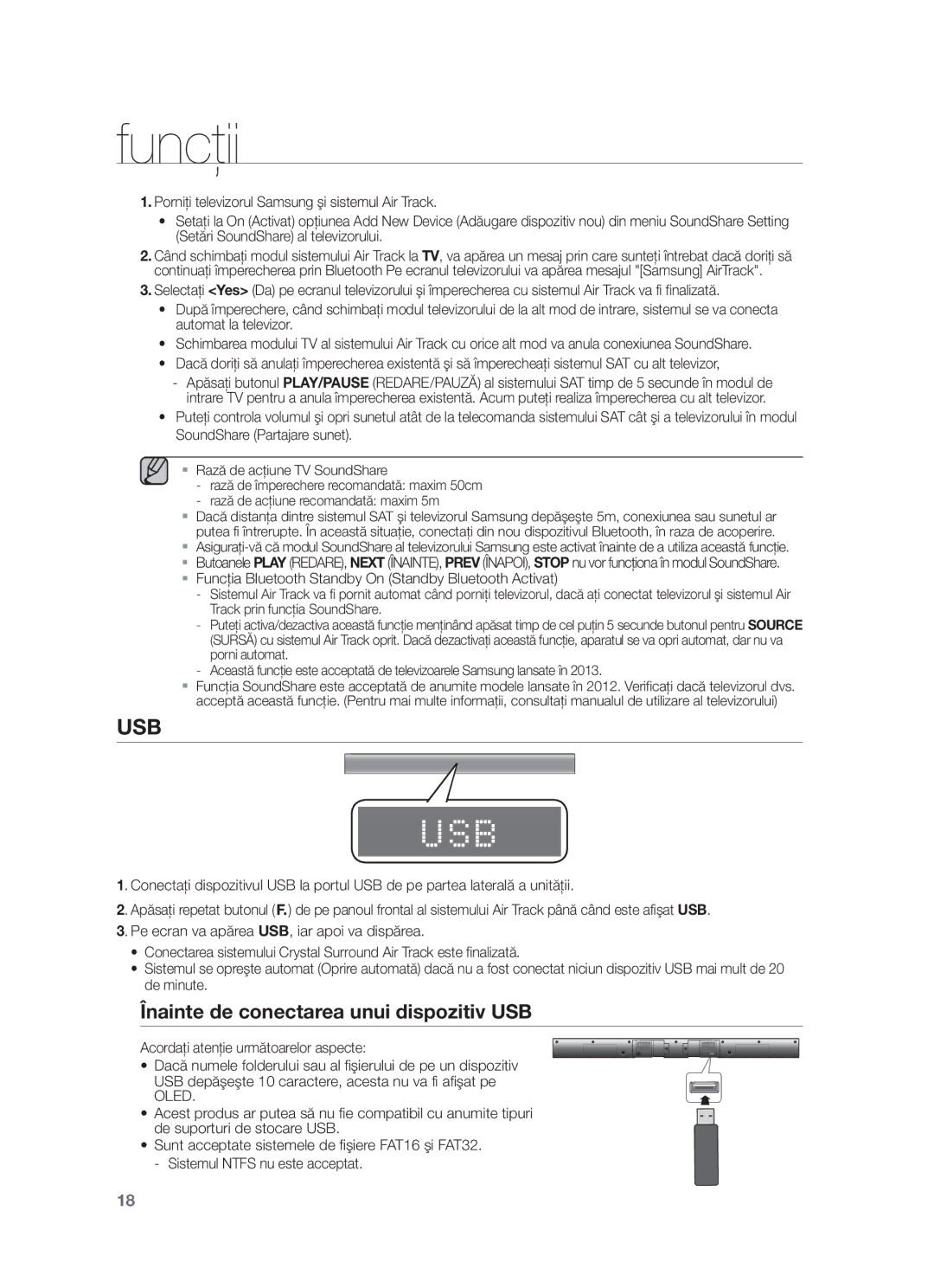 Samsung HW-F551/EN manual Înainte de conectarea unui dispozitiv USB, Funcţia Bluetooth Standby On Standby Bluetooth Activat 