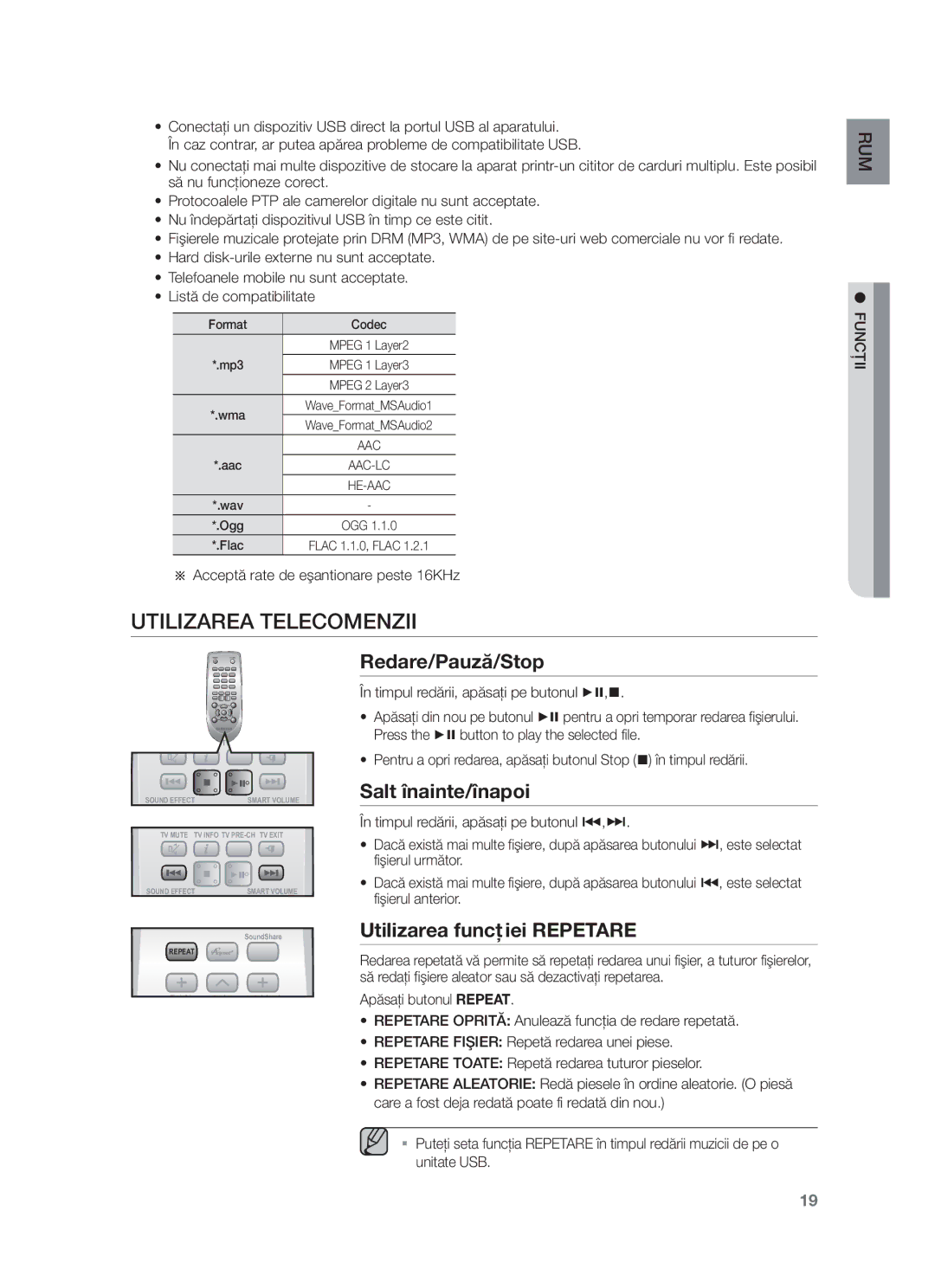 Samsung HW-F550/EN manual Utilizarea Telecomenzii, Redare/Pauză/Stop, Salt înainte/înapoi, Utilizarea funcţiei Repetare 