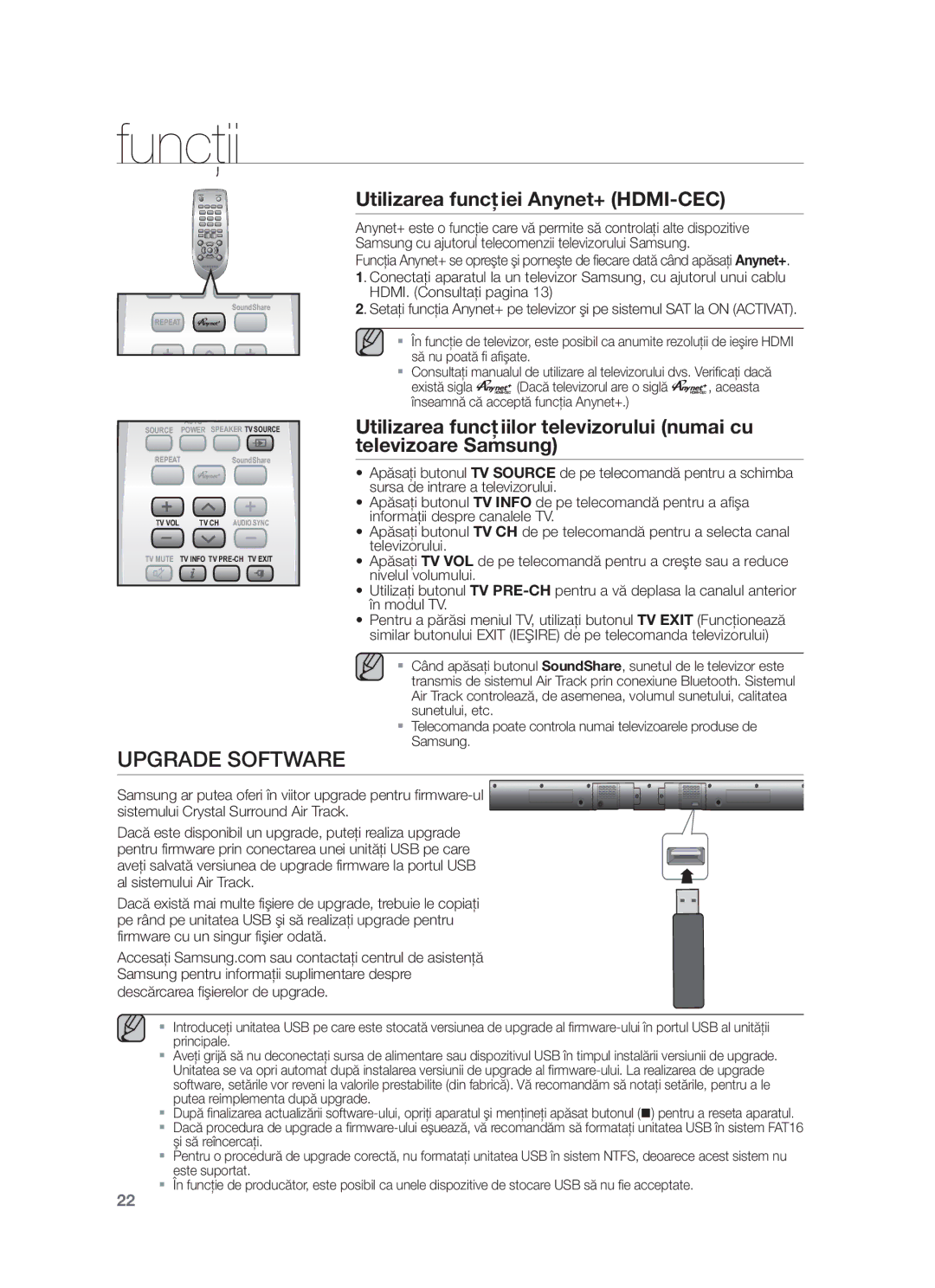 Samsung HW-F551/ZF, HW-F551/XN, HW-F551/EN, HW-F550/EN, HW-F551/TK Upgrade Software, Utilizarea funcţiei Anynet+ HDMI-CEC 