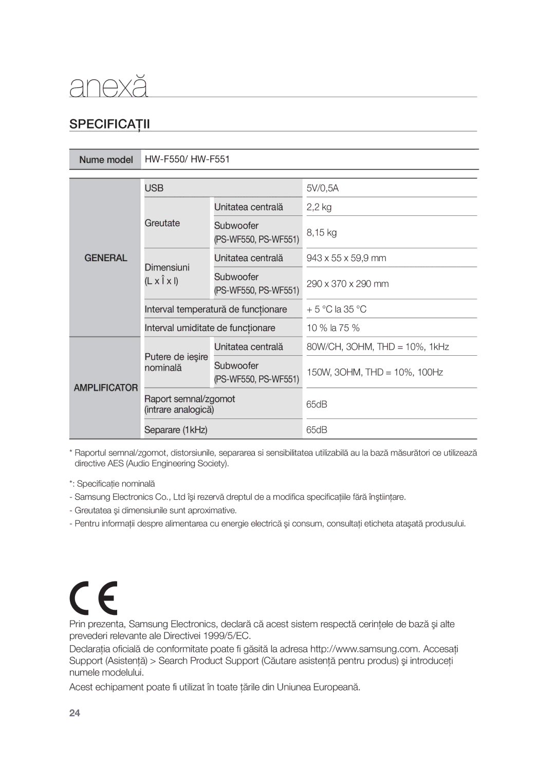 Samsung HW-F551/XN, HW-F551/EN, HW-F550/EN, HW-F551/TK, HW-F550/XN, HW-F551/ZF, HW-F550/ZF manual Anexă, Specificaţii 