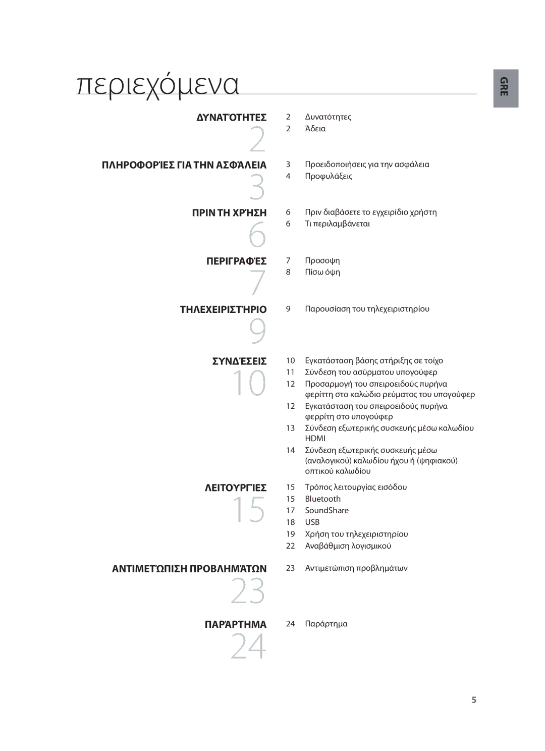 Samsung HW-F551/ZF, HW-F551/XN, HW-F551/EN, HW-F550/EN, HW-F551/TK, HW-F550/XN, HW-F550/ZF manual Περιεχόμενα, Hdmi, Usb 