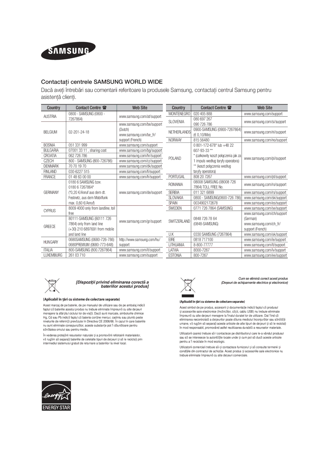 Samsung HW-F551/EN, HW-F551/XN, HW-F550/EN, HW-F551/TK, HW-F550/XN manual Aplicabil în țări cu sisteme de colectare separate 