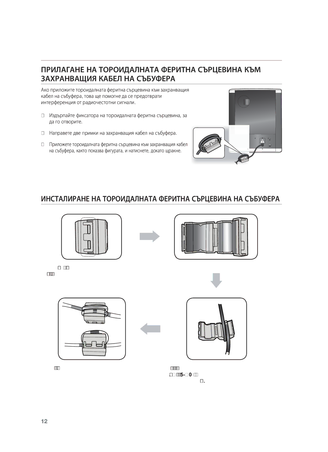 Samsung HW-F550/ZF, HW-F551/XN, HW-F551/EN, HW-F550/EN, HW-F551/TK Инсталиране НА Тороидалната Феритна Сърцевина НА Събуфера 