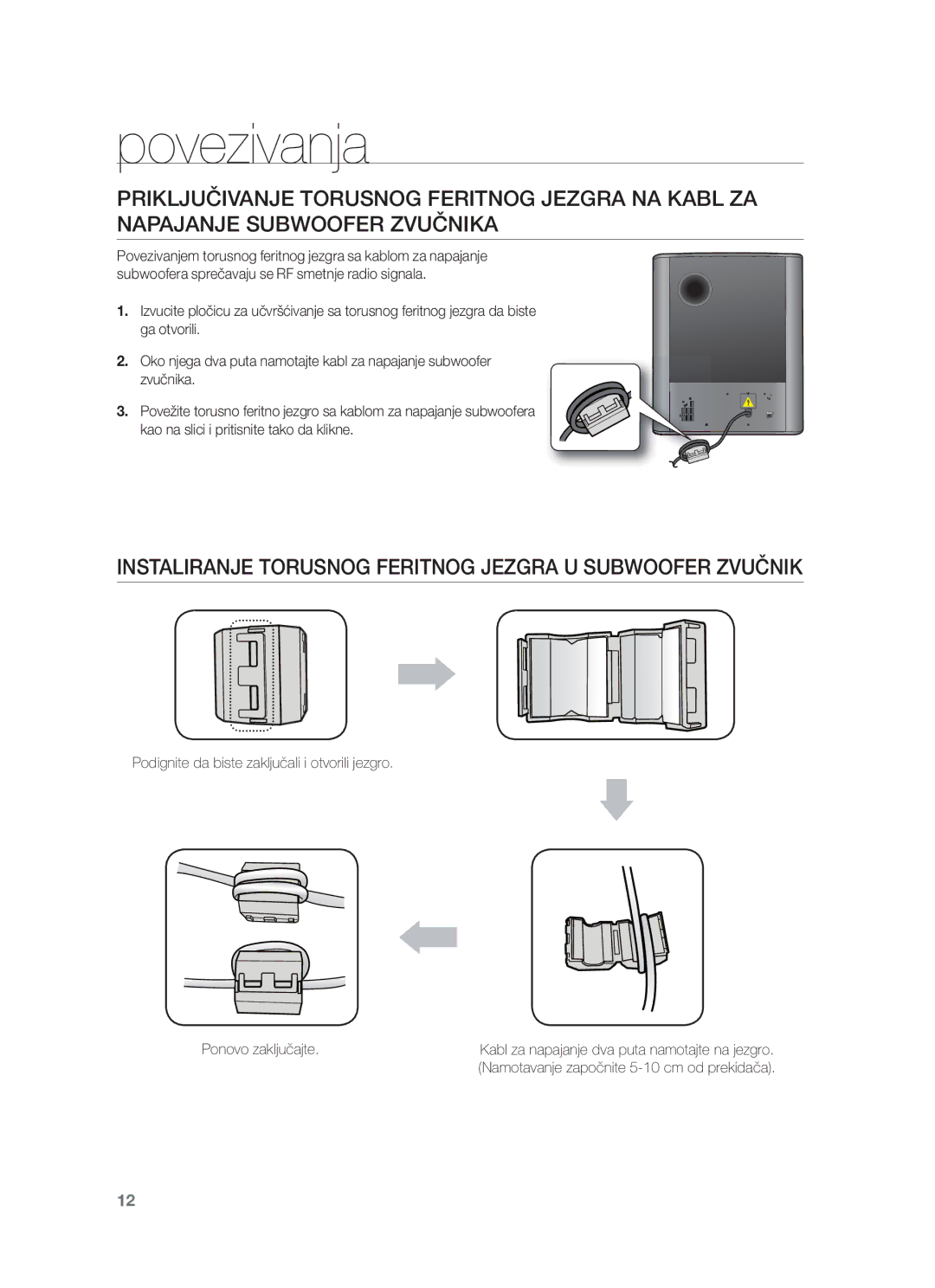 Samsung HW-F551/TK, HW-F551/XN, HW-F551/EN, HW-F550/EN, HW-F550/XN Instaliranje Torusnog Feritnog Jezgra U Subwoofer Zvučnik 