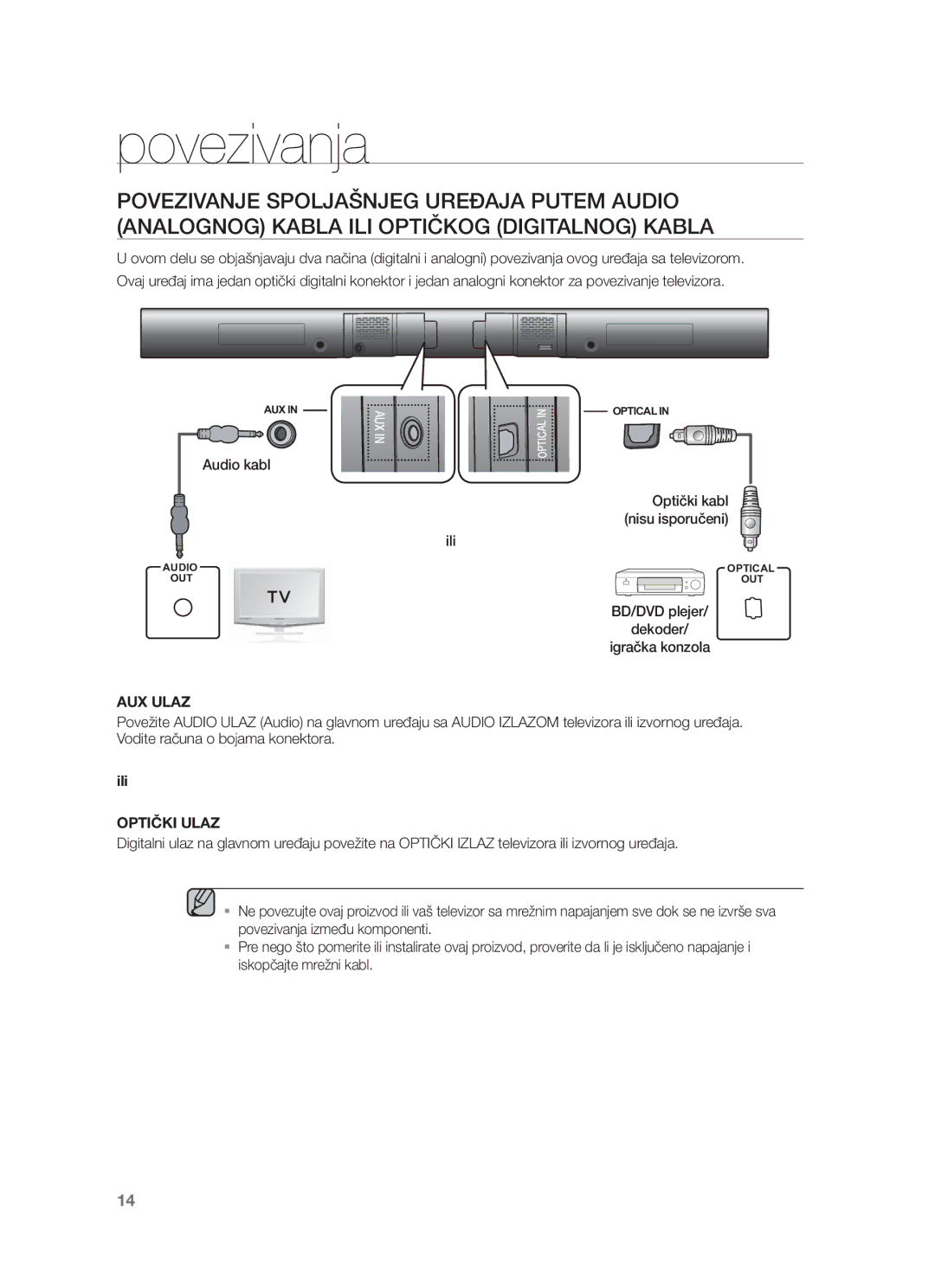 Samsung HW-F551/ZF, HW-F551/XN, HW-F551/EN, HW-F550/EN, HW-F551/TK, HW-F550/XN manual Audio kabl, AUX Ulaz, Ili, Optički Ulaz 