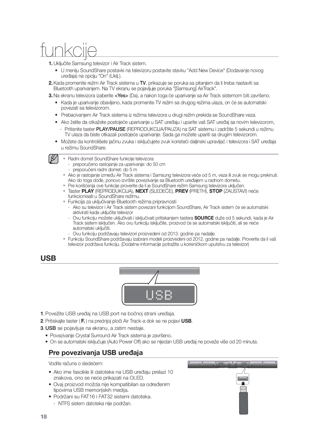 Samsung HW-F550/EN, HW-F551/XN, HW-F551/EN, HW-F551/TK, HW-F550/XN manual Pre povezivanja USB uređaja, Vodite računa o sledećem 