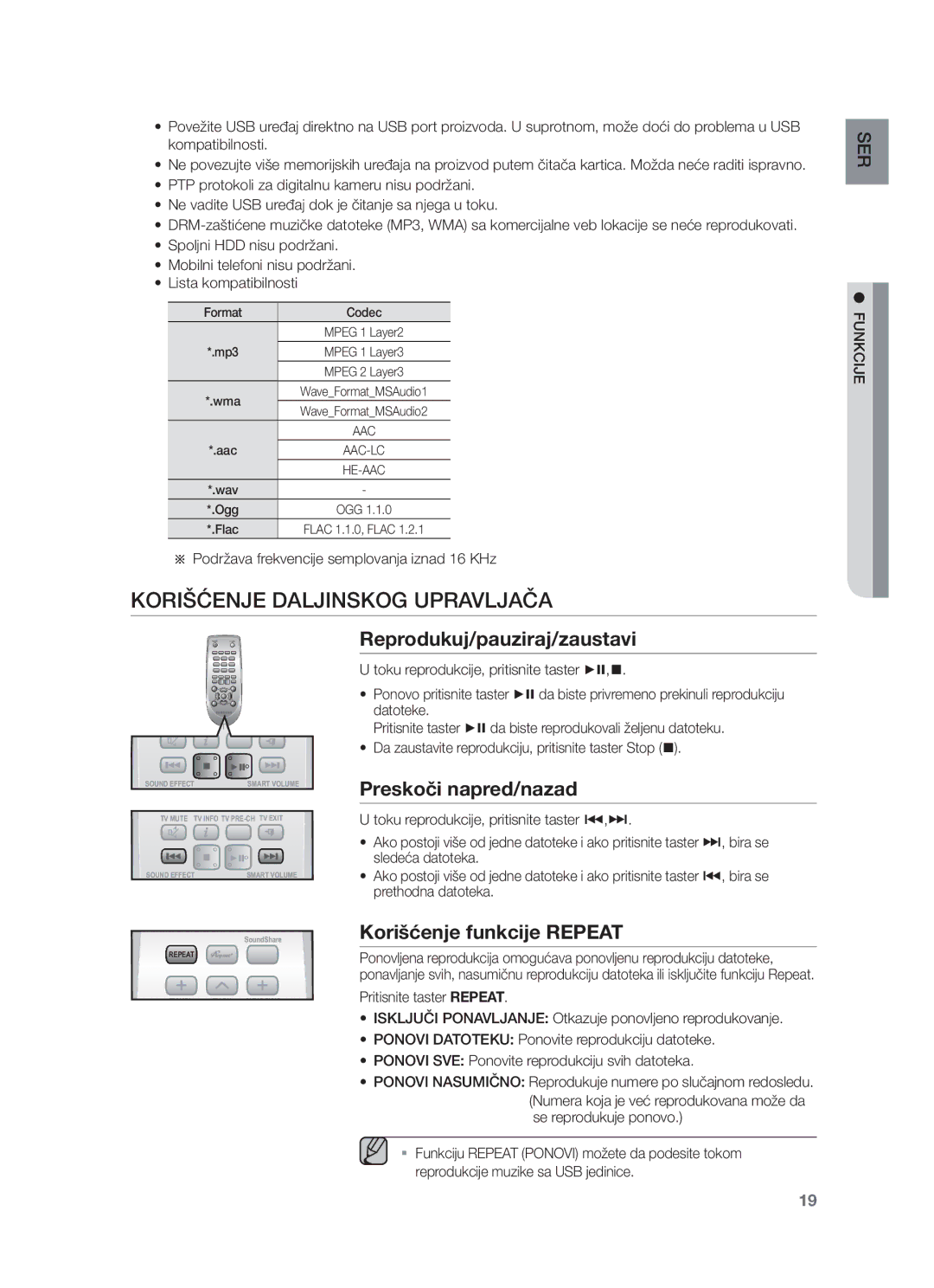 Samsung HW-F551/TK, HW-F551/XN manual Korišćenje Daljinskog Upravljača, Reprodukuj/pauziraj/zaustavi, Preskoči napred/nazad 