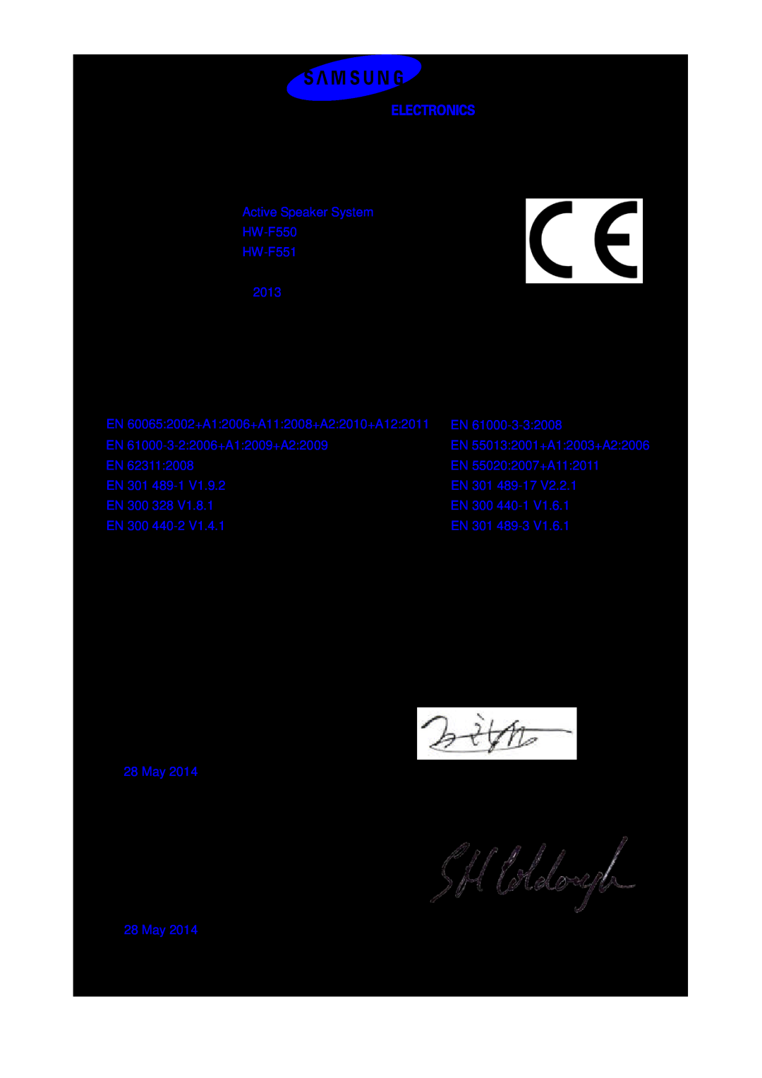 Samsung HW-F551/EN, HW-F551/XN, HW-F550/EN, HW-F551/TK, HW-F550/XN, HW-F551/ZF, HW-F550/ZF manual Declaration of Conformity 