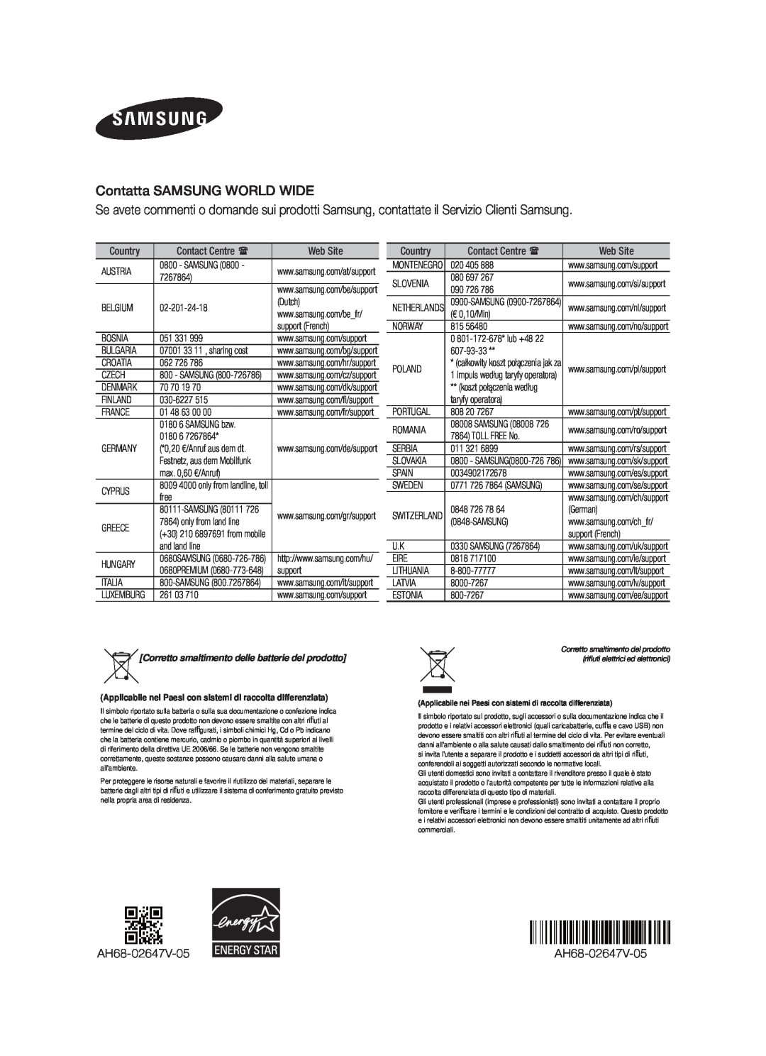 Samsung HW-F550/EN manual Contatta SAMSUNG WORLD WIDE, AH68-02647V-05, Corretto smaltimento delle batterie del prodotto 