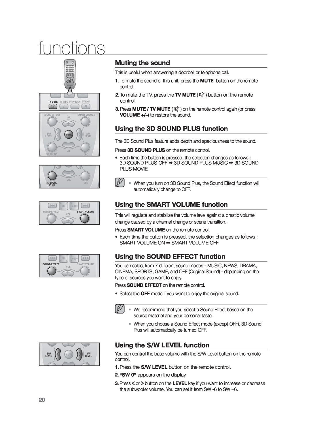 Samsung HW-F550/ZF manual Muting the sound, Using the 3D SOUND PLUS function, Using the SMART VOLUME function, functions 