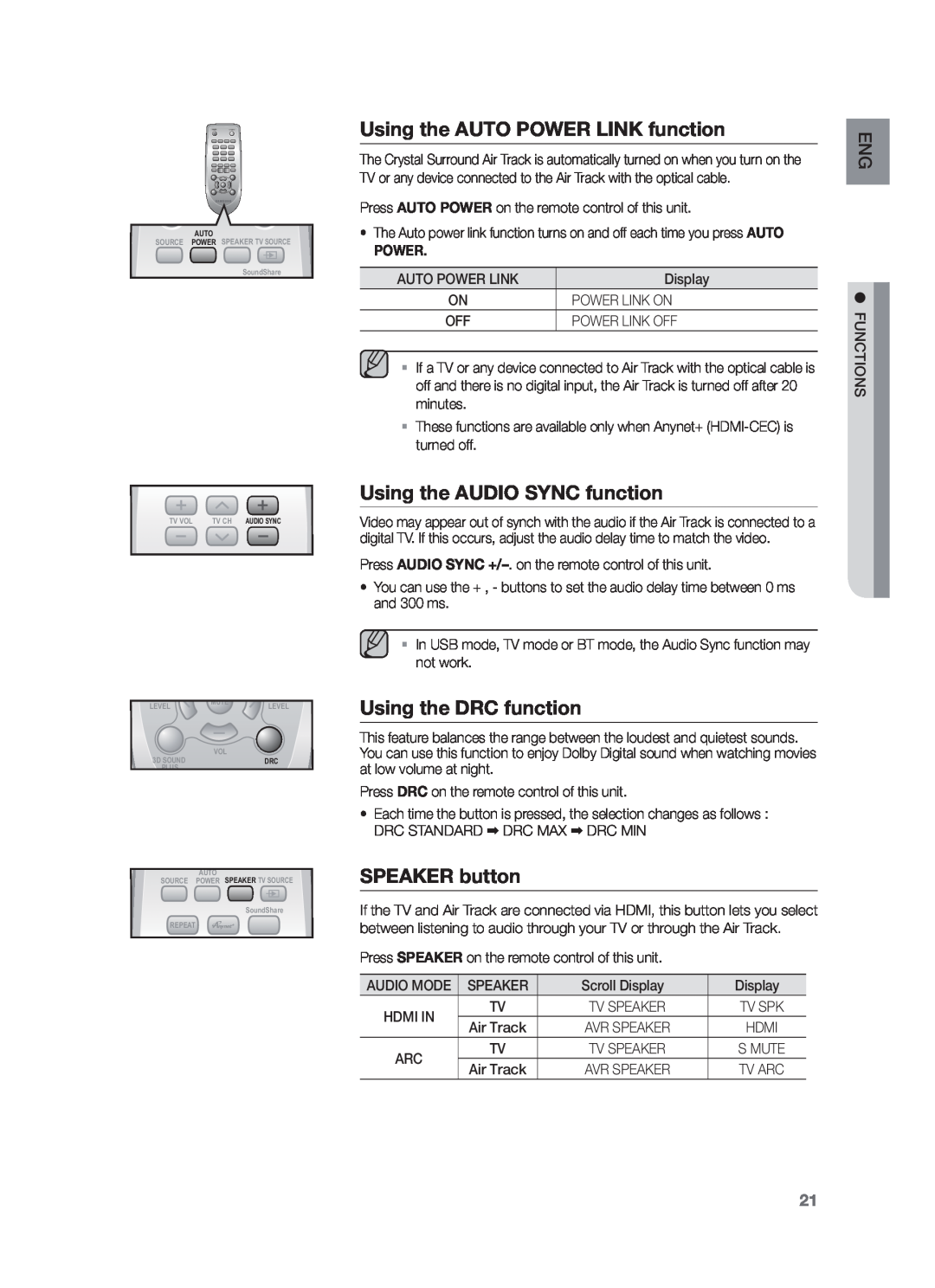Samsung HW-F551/XN manual Using the AUTO POWER LINK function, Using the AUDIO SYNC function, Using the DRC function, Power 
