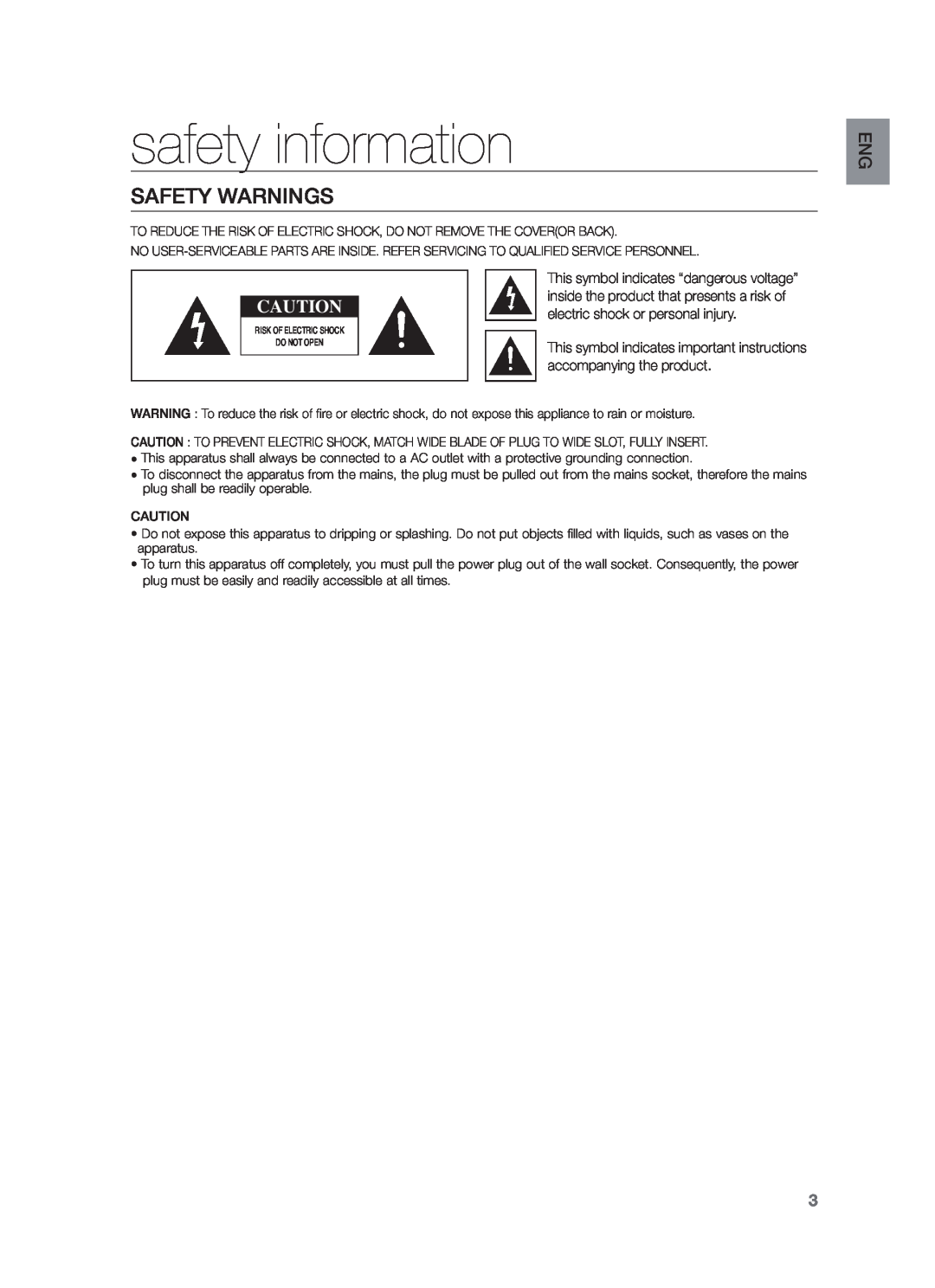 Samsung HW-F551/TK, HW-F551/XN, HW-F551/EN, HW-F550/EN, HW-F550/XN, HW-F551/ZF, HW-F550/ZF safety information, Safety Warnings 