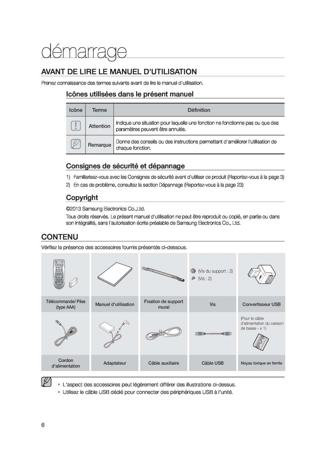 Samsung HW-F551/TK manual démarrage, Avant De Lire Le Manuel Dutilisation, Contenu, Icônes utilisées dans le présent manuel 