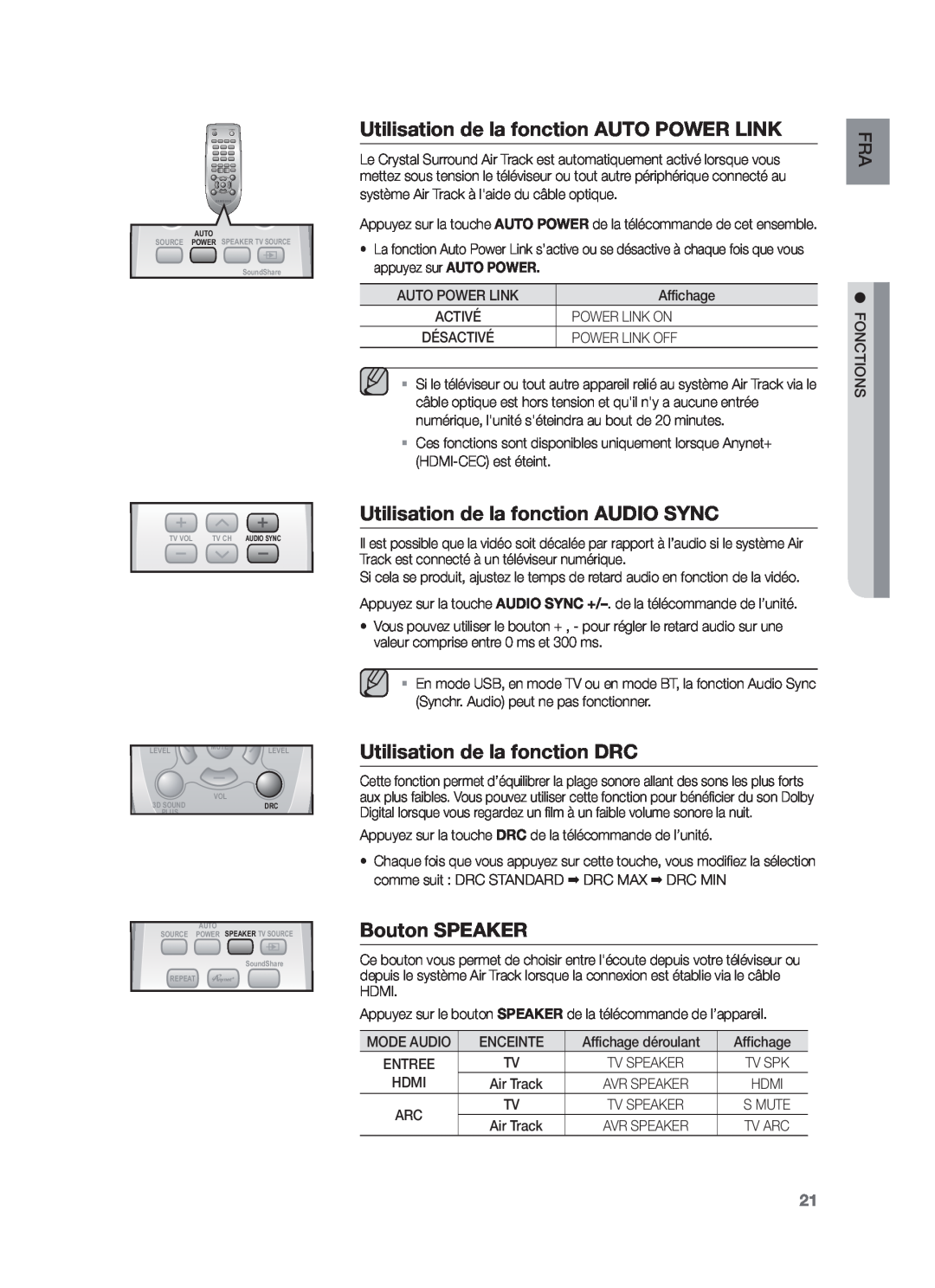 Samsung HW-F550/XN manual Utilisation de la fonction AUTO POWER LINK, Utilisation de la fonction AUDIO SYNC, Bouton SPEAKER 