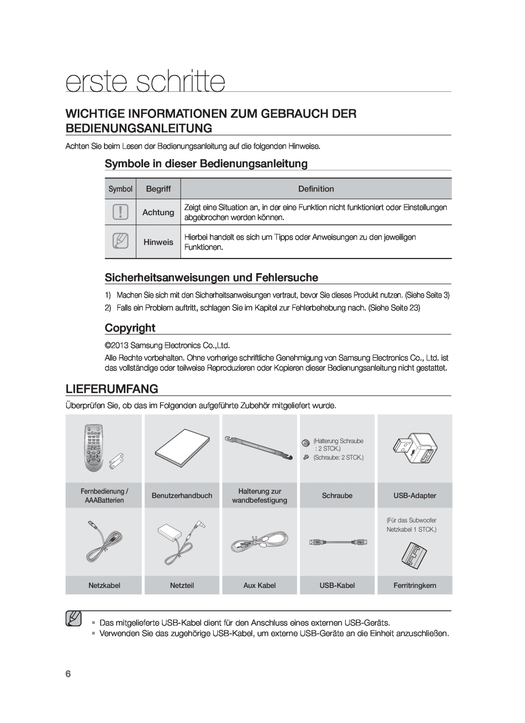 Samsung HW-F551/XN erste schritte, Wichtige Informationen Zum Gebrauch Der Bedienungsanleitung, Lieferumfang, Copyright 