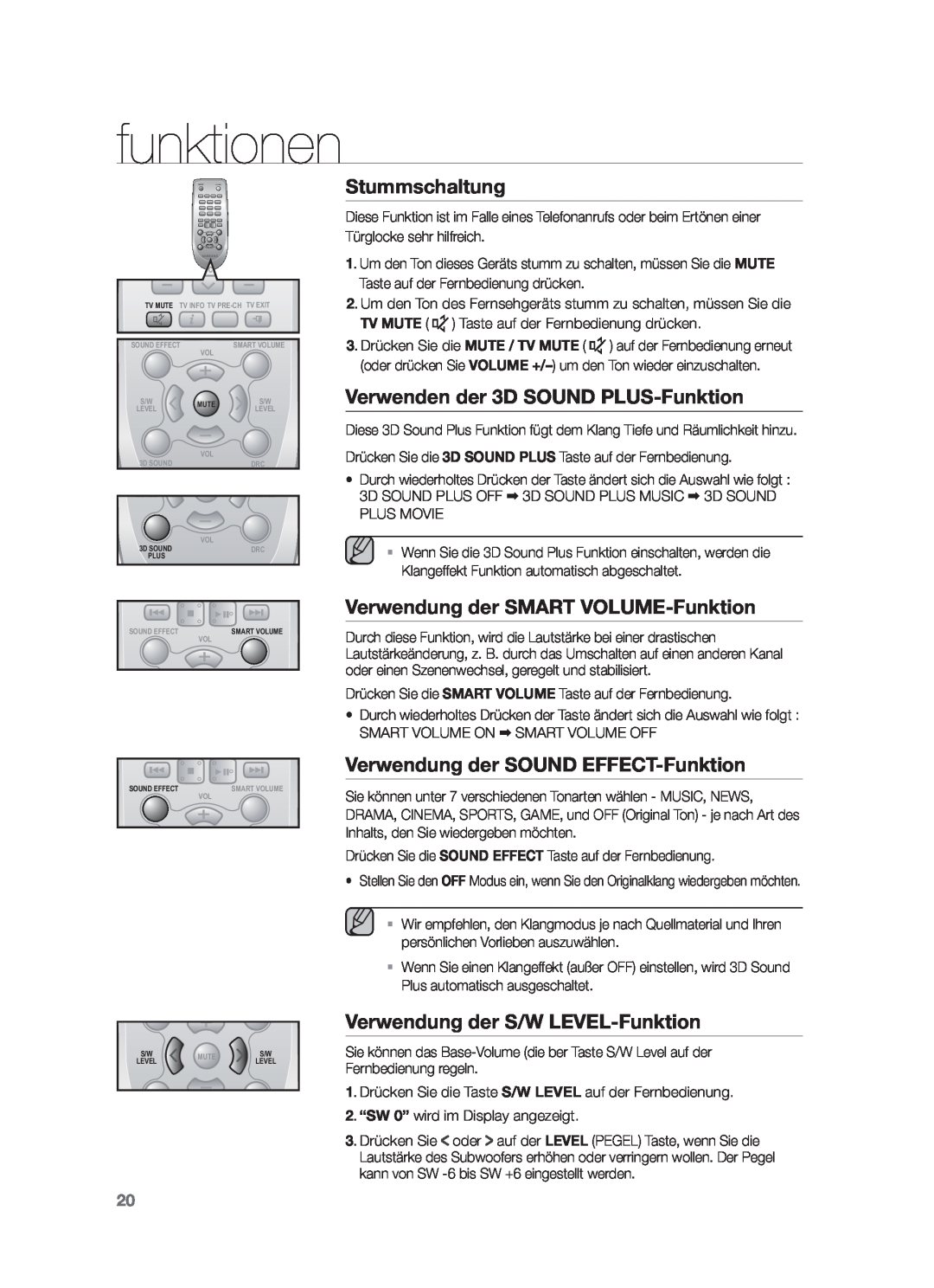 Samsung HW-F551/XN Stummschaltung, Verwenden der 3D SOUND PLUS-Funktion, Verwendung der SMART VOLUME-Funktion, funktionen 