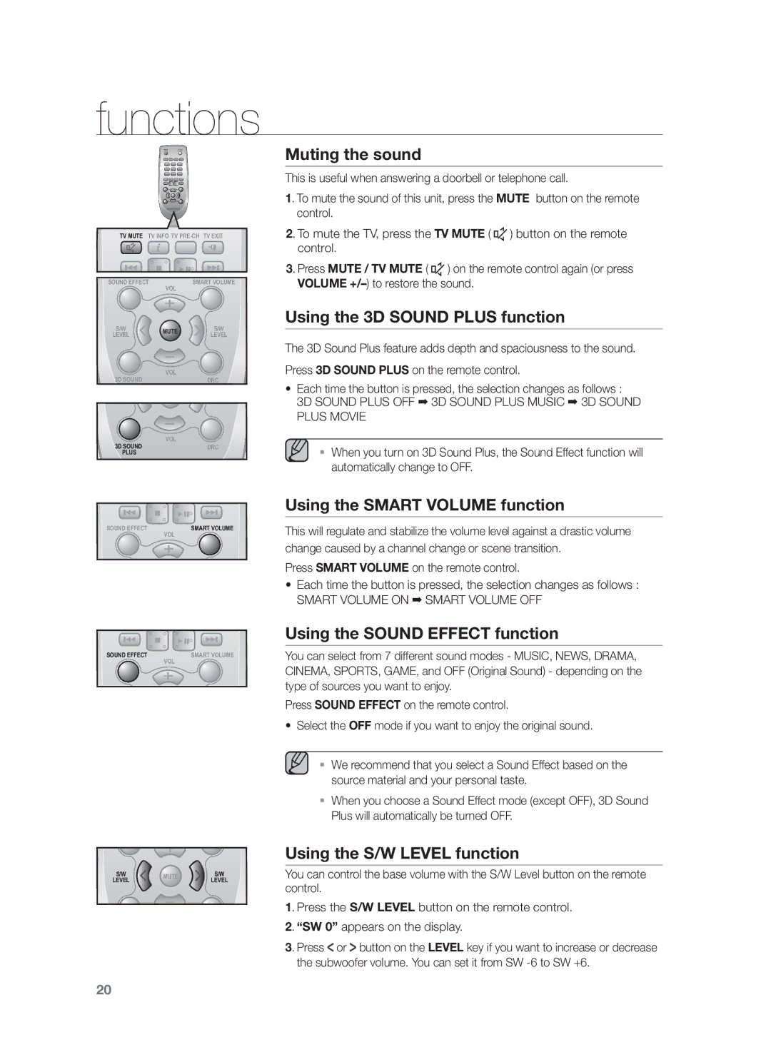 Samsung HW-F551/XN, HW-F551/EN manual Muting the sound, Using the 3D Sound Plus function, Using the Smart Volume function 