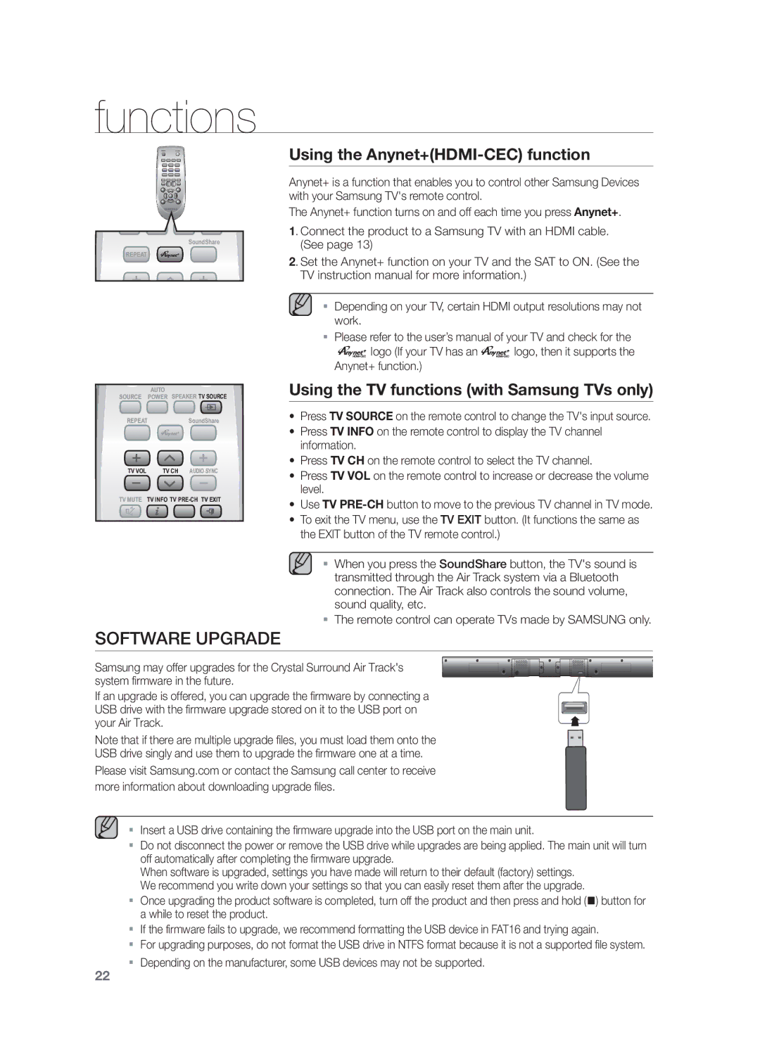 Samsung HW-F551/TK Software Upgrade, Using the Anynet+HDMI-CEC function, Using the TV functions with Samsung TVs only 