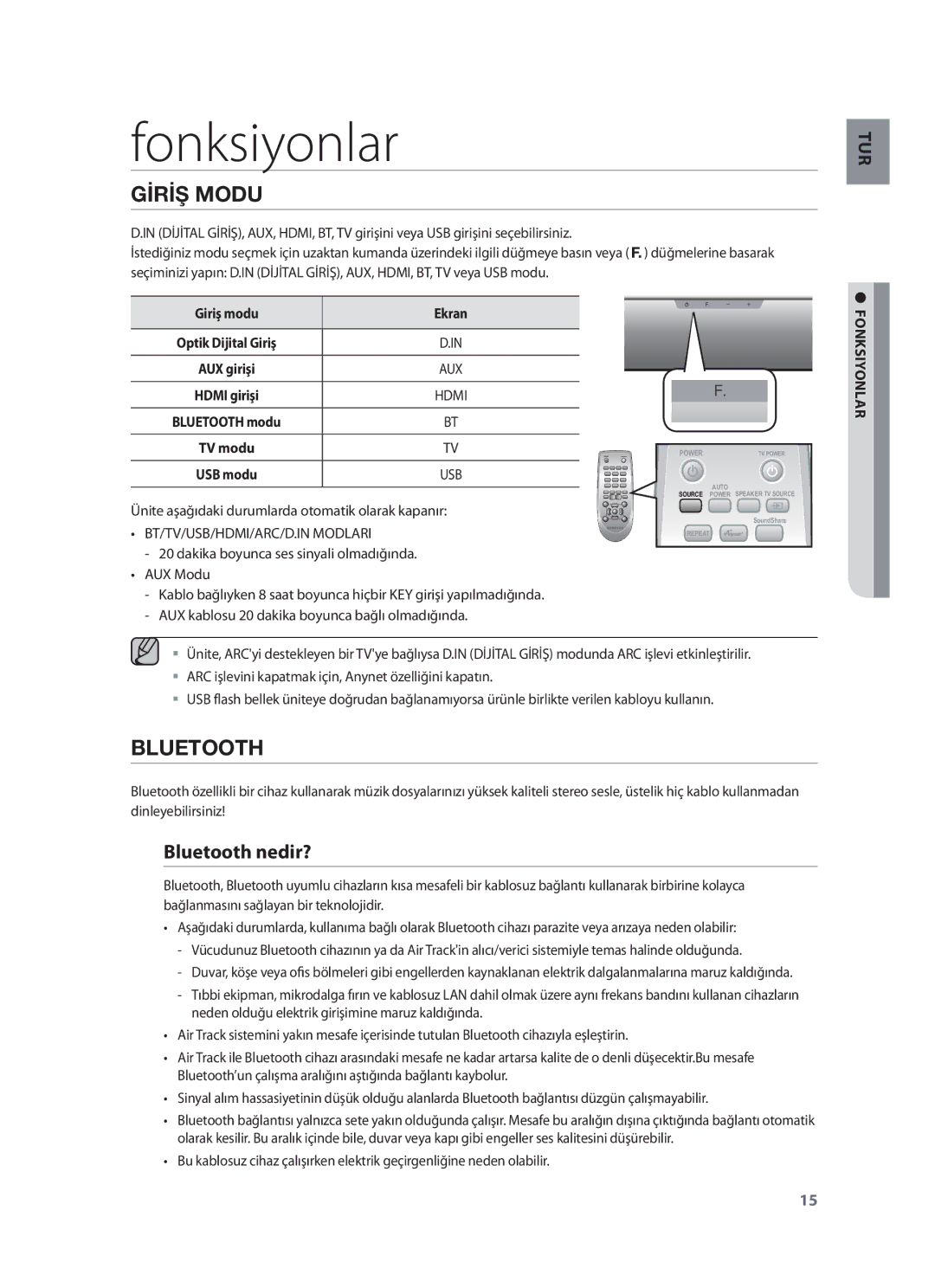 Samsung HW-F551/XN, HW-F551/EN, HW-F551/TK manual Fonksiyonlar, Gİrİş Modu, Bluetooth nedir?, BT/TV/USB/HDMI/ARC/D.IN Modlari 