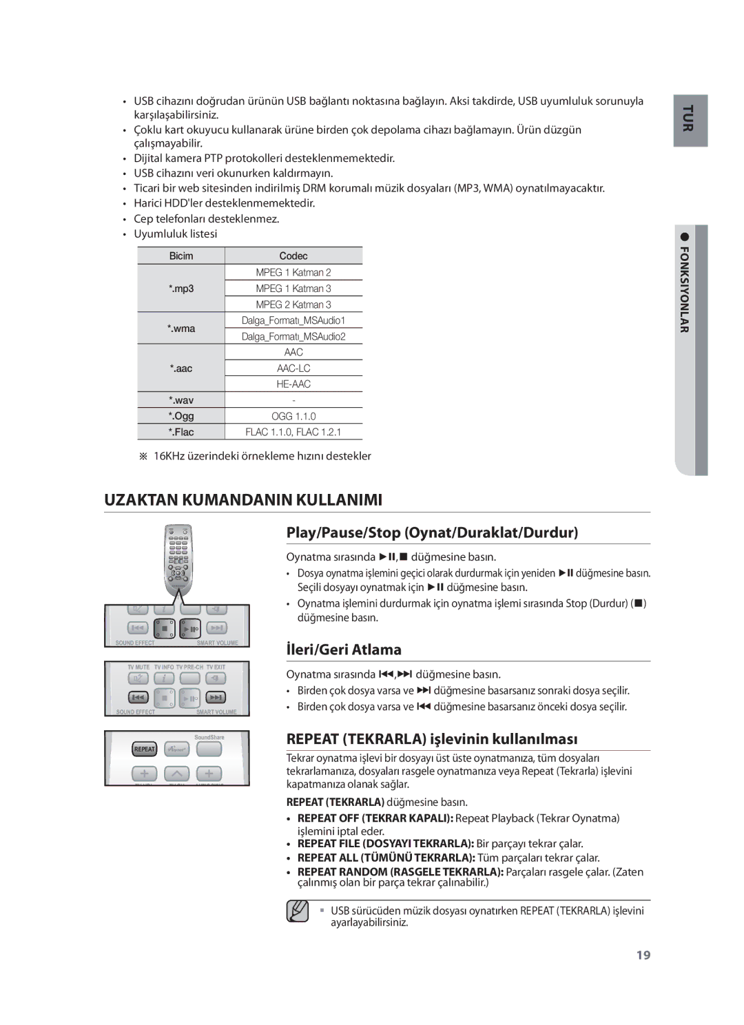 Samsung HW-F551/XN, HW-F551/EN manual Uzaktan Kumandanin Kullanimi, Play/Pause/Stop Oynat/Duraklat/Durdur, İleri/Geri Atlama 