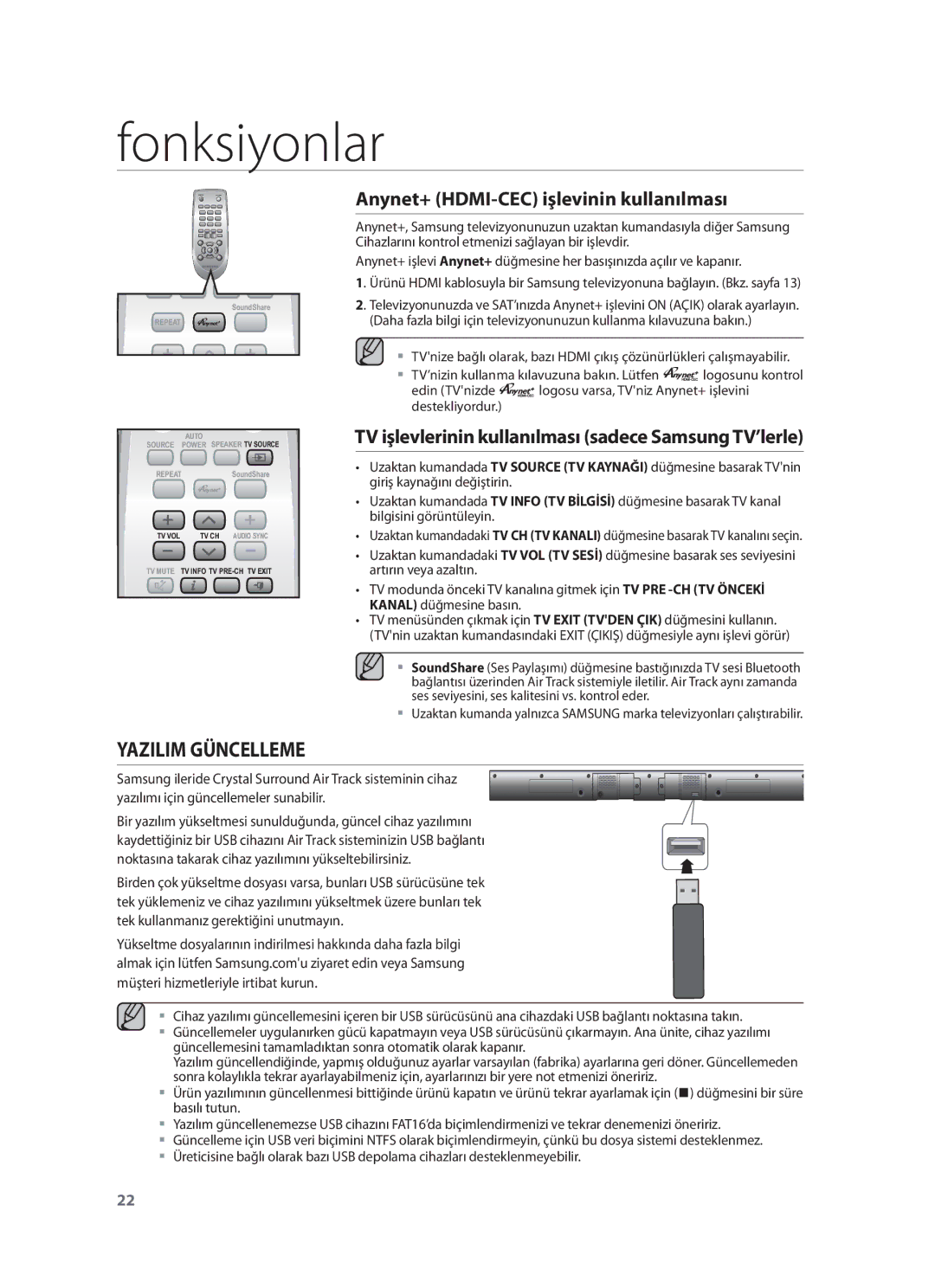 Samsung HW-F551/ZF, HW-F551/XN, HW-F551/EN, HW-F551/TK manual Yazilim Güncelleme, Anynet+ HDMI-CEC işlevinin kullanılması 