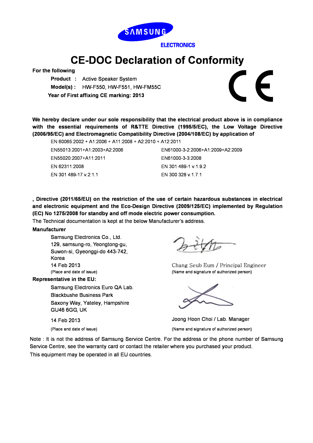 Samsung HW-F551/EN, HW-F551/XN, HW-F551/TK, HW-F551/ZF manual CE-DOC Declaration of Conformity 