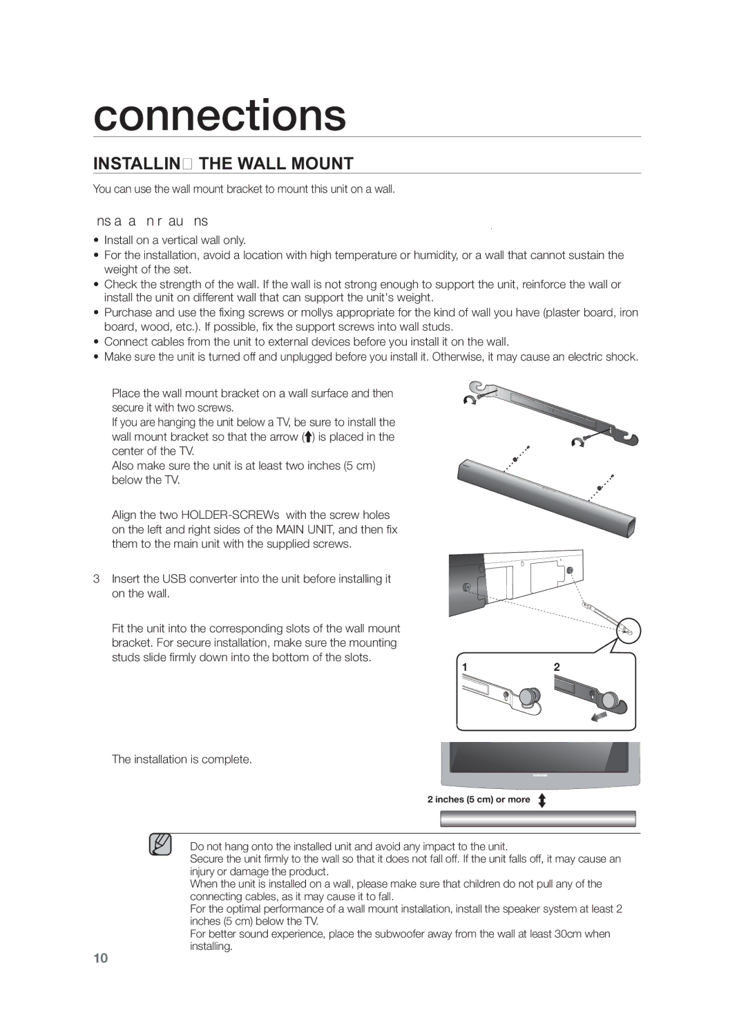 Samsung HW-F551/XV manual Connections, Installing the Wall Mount, Installation is complete 