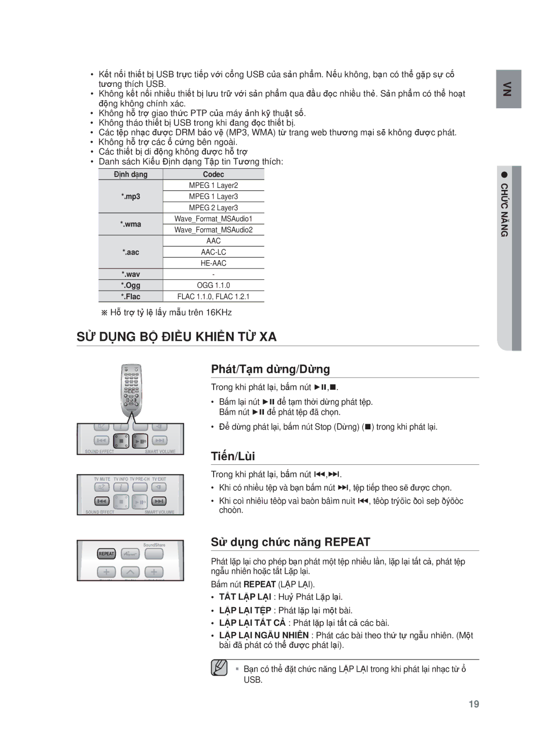 Samsung HW-F551/XV manual SỬ Dụng BỘ Điều Khiển TỪ XA, Phát/Tạm dừng/Dừng, Tiến/Lùi, Sử dụng chức năng Repeat 