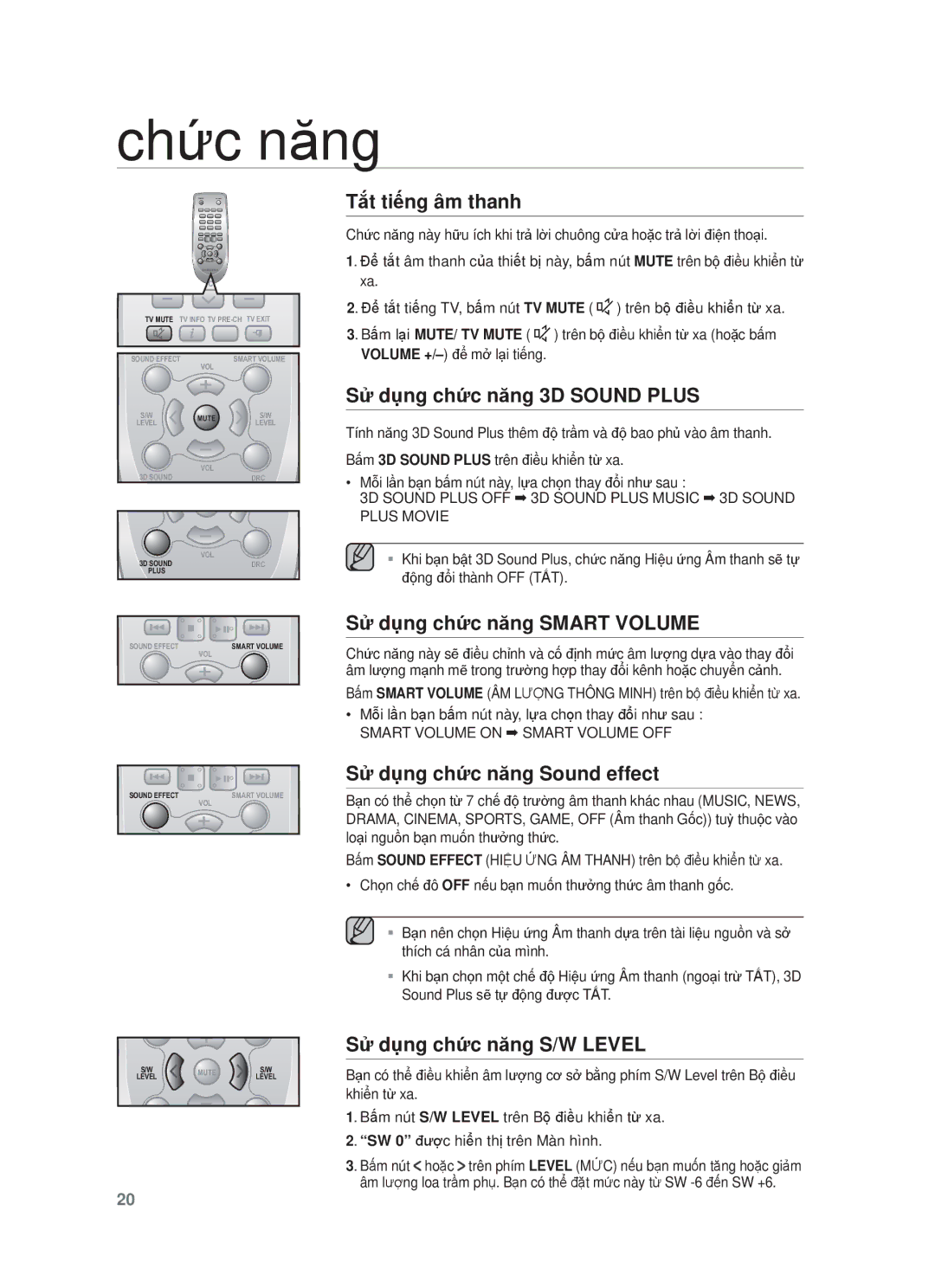 Samsung HW-F551/XV manual Tắt tiếng âm thanh, Sử dụng chức năng 3D Sound Plus, Sử dụng chức năng Smart Volume 