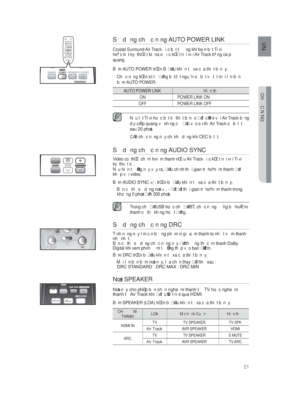 Samsung HW-F551/XV Sử dụng chức năng Auto Power Link, Sử dụng chức năng Audio Sync, Sử dụng chức năng DRC, Nút Speaker 