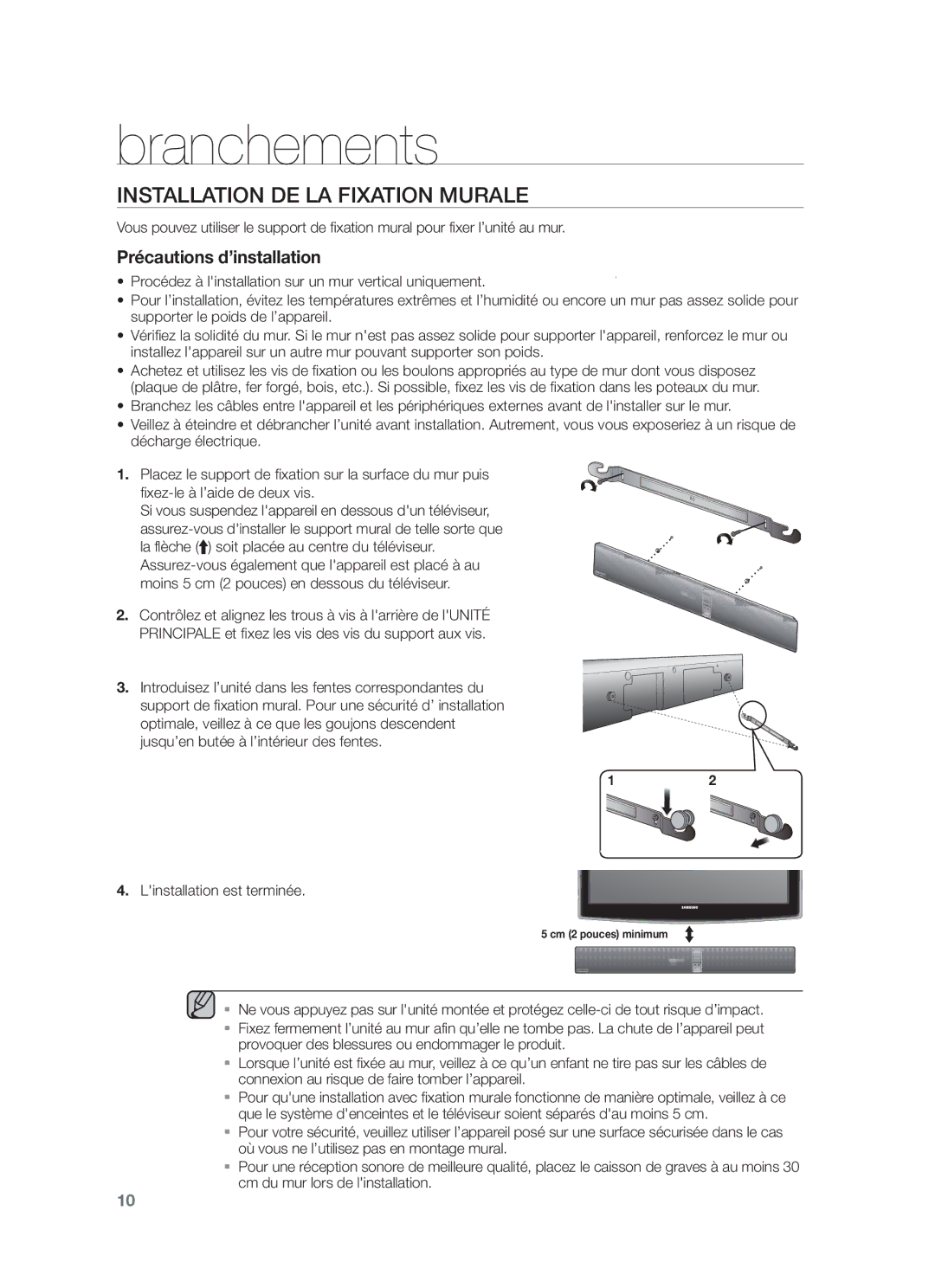 Samsung HW-F750/ZF, HW-F750/EN, HW-F751/ZF manual Branchements, Installation DE LA Fixation Murale 