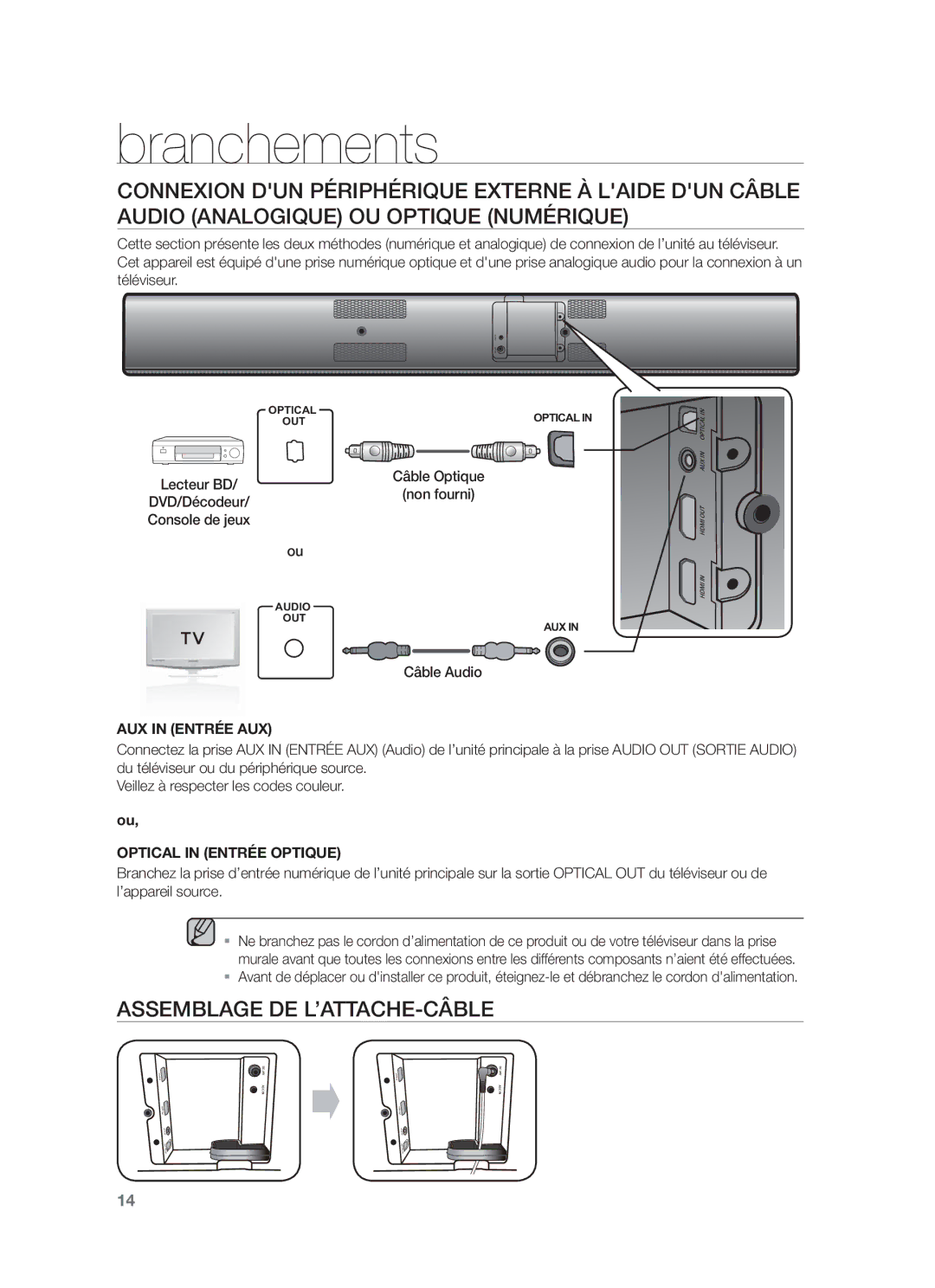 Samsung HW-F751/ZF, HW-F750/EN, HW-F750/ZF manual Assemblage DE L’ATTACHE-CÂBLE, Câble Optique, Non fourni, Câble Audio 