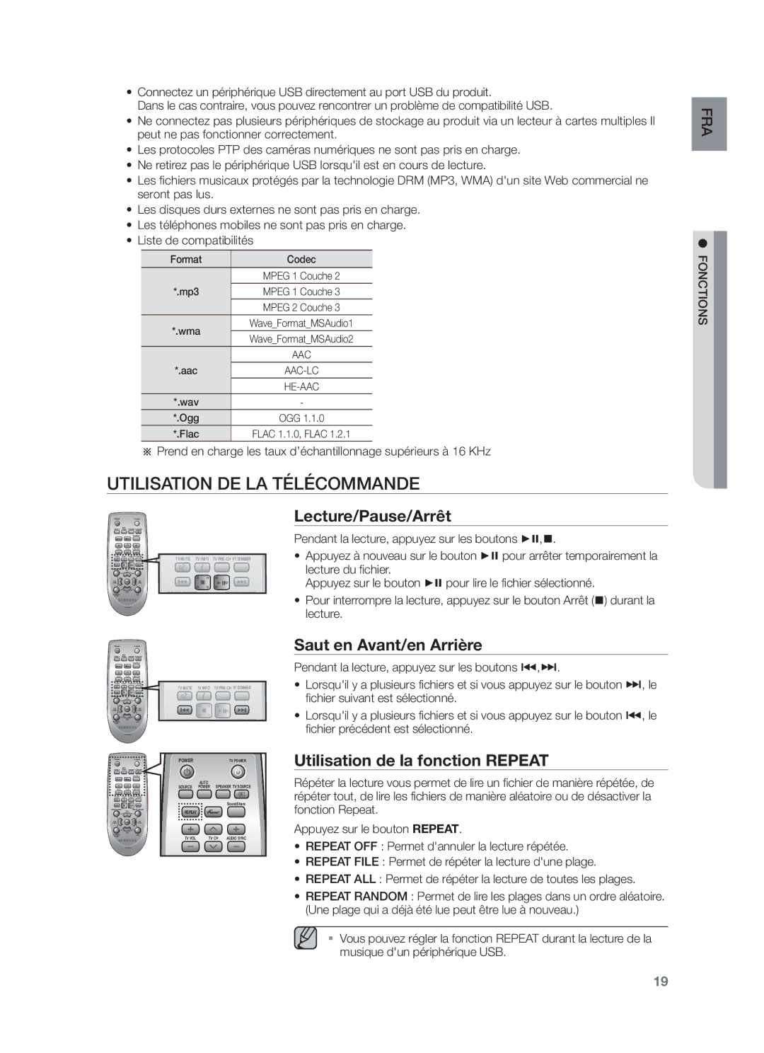 Samsung HW-F750/ZF, HW-F750/EN, HW-F751/ZF Utilisation DE LA Télécommande, Lecture/Pause/Arrêt, Saut en Avant/en Arrière 