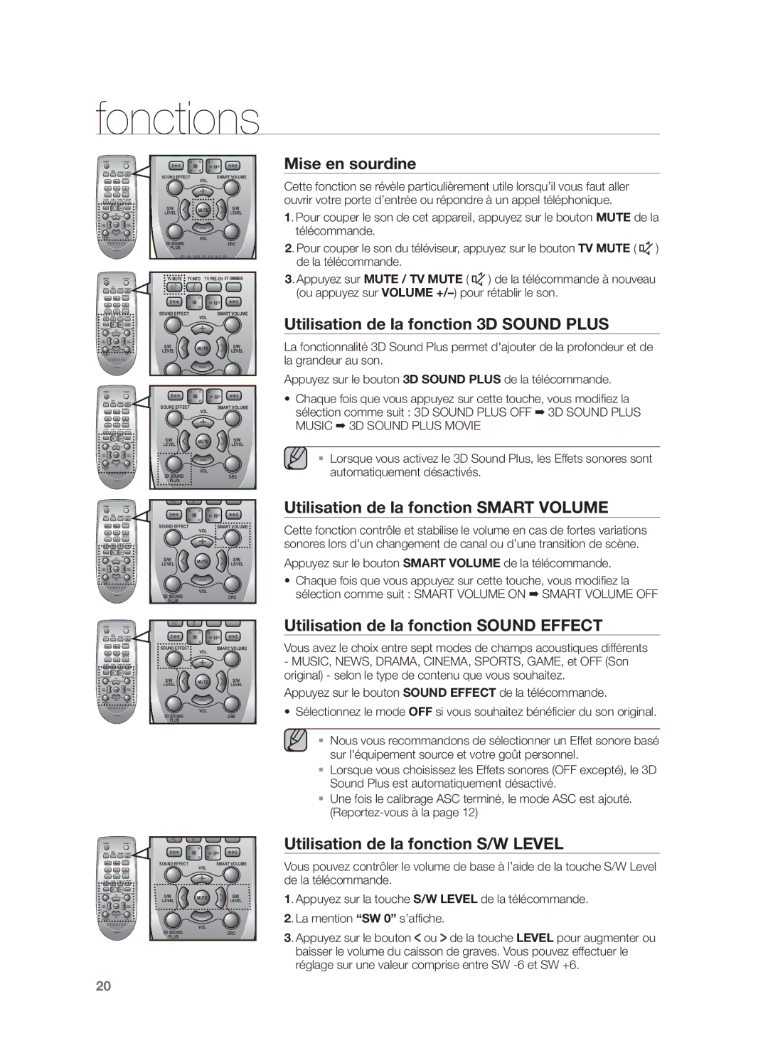 Samsung HW-F751/ZF Mise en sourdine, Utilisation de la fonction 3D Sound Plus, Utilisation de la fonction Smart Volume 