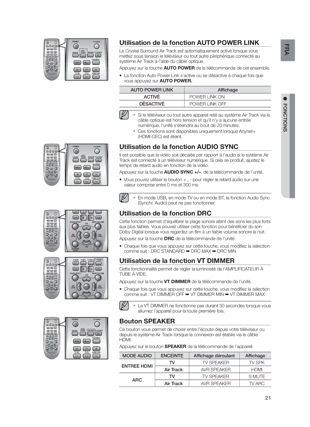 Samsung HW-F750/EN manual Utilisation de la fonction Auto Power Link, Utilisation de la fonction Audio Sync, Bouton Speaker 