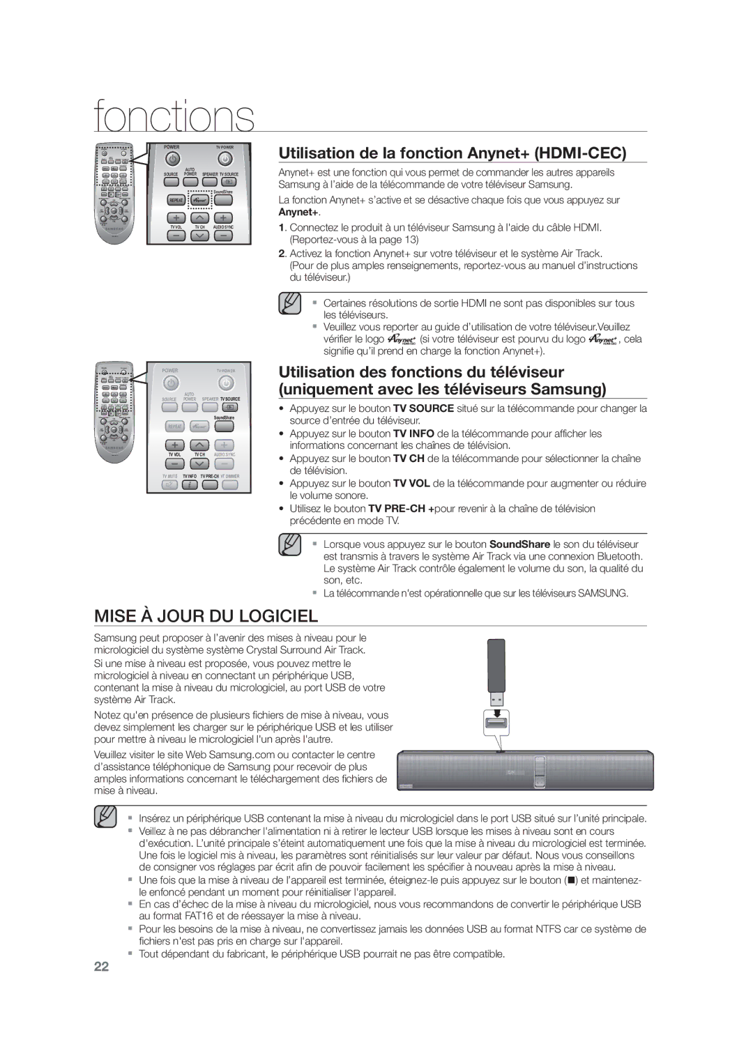 Samsung HW-F750/ZF, HW-F750/EN, HW-F751/ZF manual Mise À Jour DU Logiciel, Utilisation de la fonction Anynet+ HDMI-CEC 