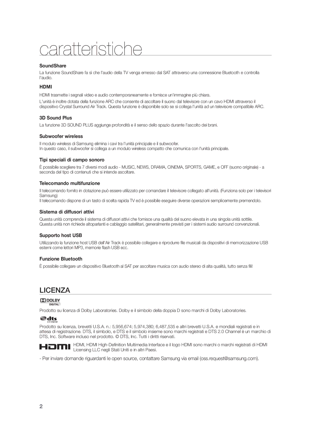 Samsung HW-F750/EN, HW-F750/ZF, HW-F751/ZF manual Caratteristiche, Licenza 