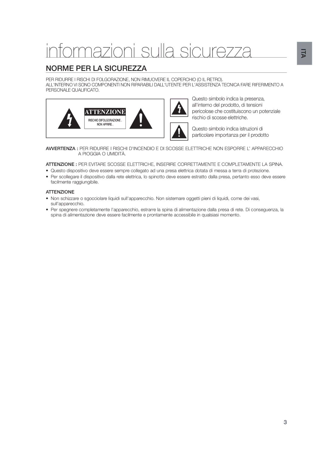 Samsung HW-F750/ZF, HW-F750/EN, HW-F751/ZF manual Informazioni sulla sicurezza, Norme PER LA Sicurezza 