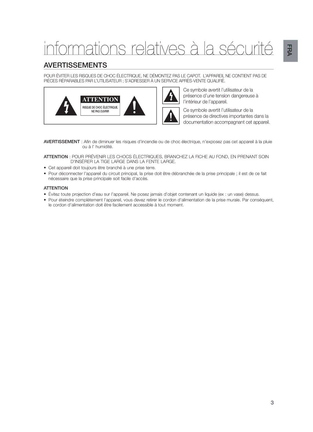 Samsung HW-F750/EN, HW-F750/ZF, HW-F751/ZF Avertissements, Ce symbole avertit l’utilisateur de la, ’intérieur de l’appareil 