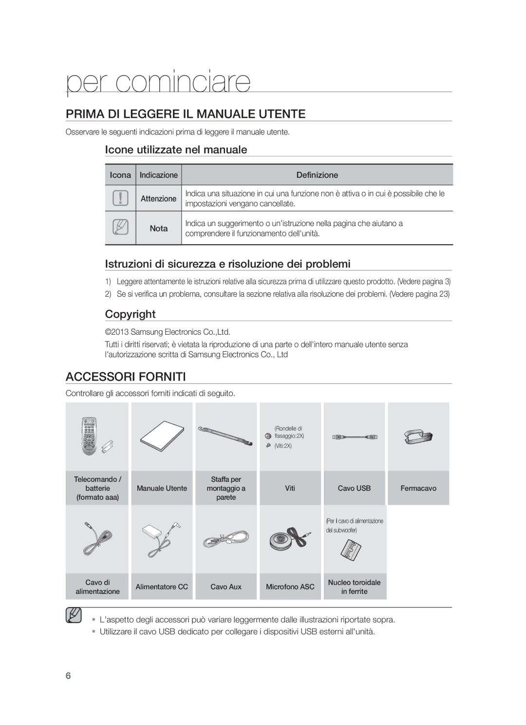 Samsung HW-F750/ZF, HW-F750/EN, HW-F751/ZF manual Per cominciare, Prima DI Leggere IL Manuale Utente, Accessori Forniti 