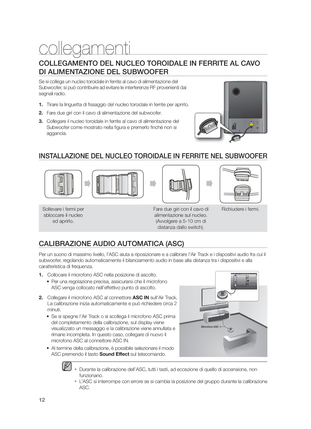 Samsung HW-F750/ZF manual Installazione DEL Nucleo Toroidale in Ferrite NEL Subwoofer, Calibrazione Audio Automatica ASC 