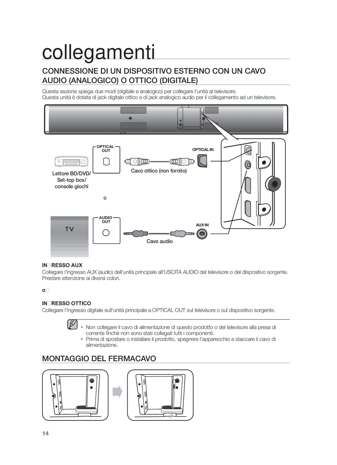 Samsung HW-F750/EN, HW-F750/ZF, HW-F751/ZF manual Montaggio DEL Fermacavo, Ingresso AUX 